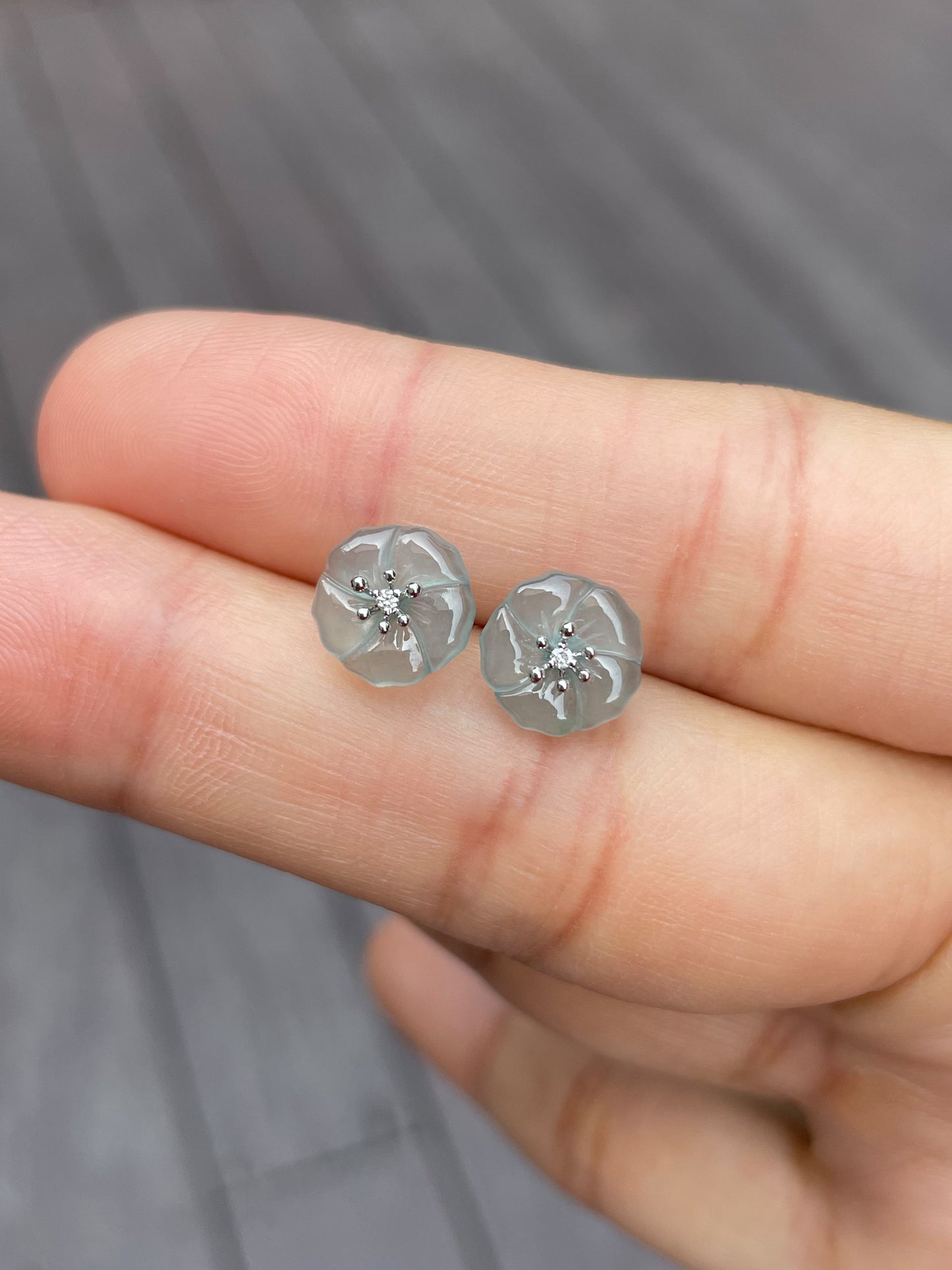Light Bluish Green Carved Jade Earrings - Plum Blossoms (NJE068)