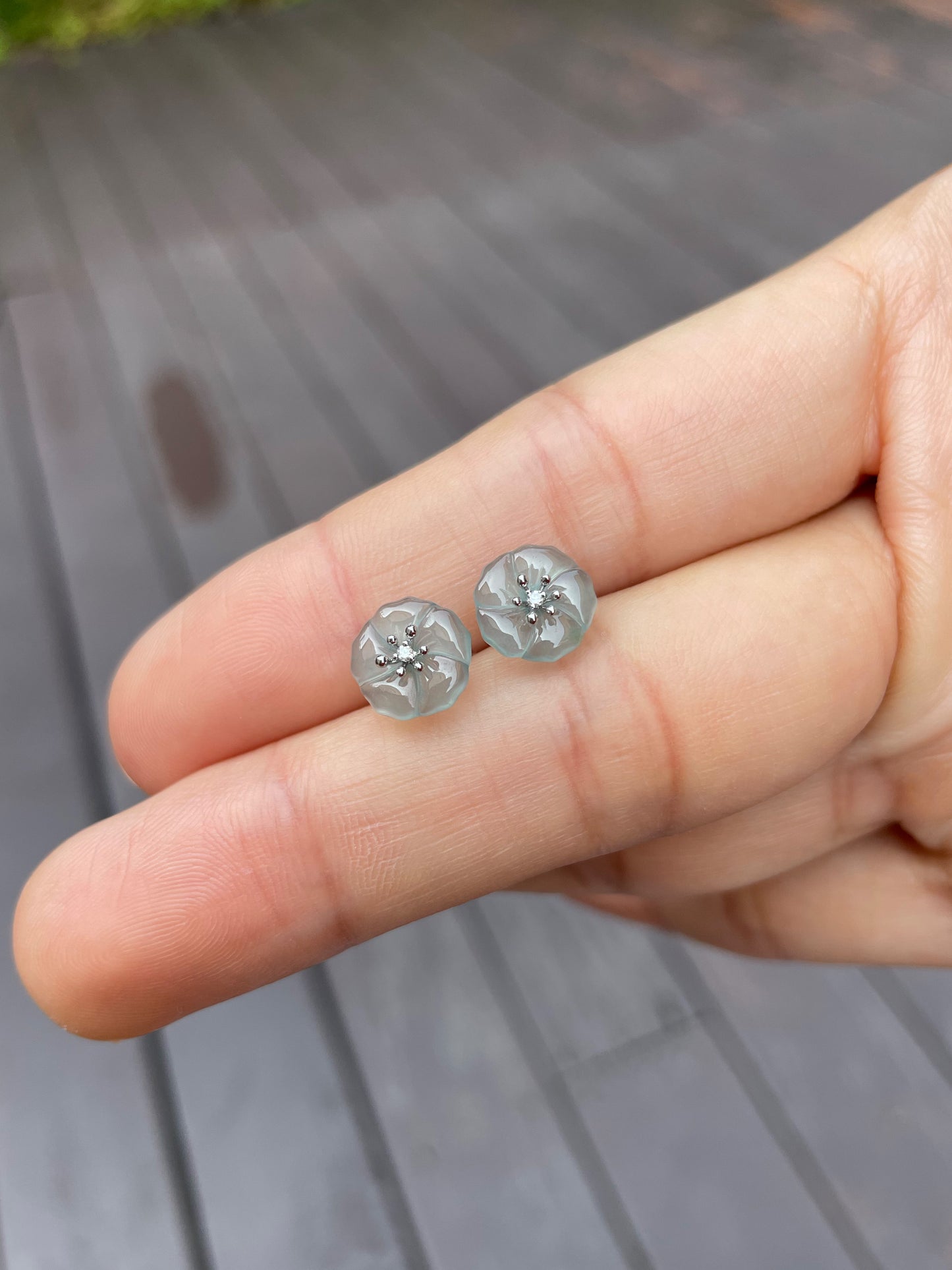 Light Bluish Green Carved Jade Earrings - Plum Blossoms (NJE068)