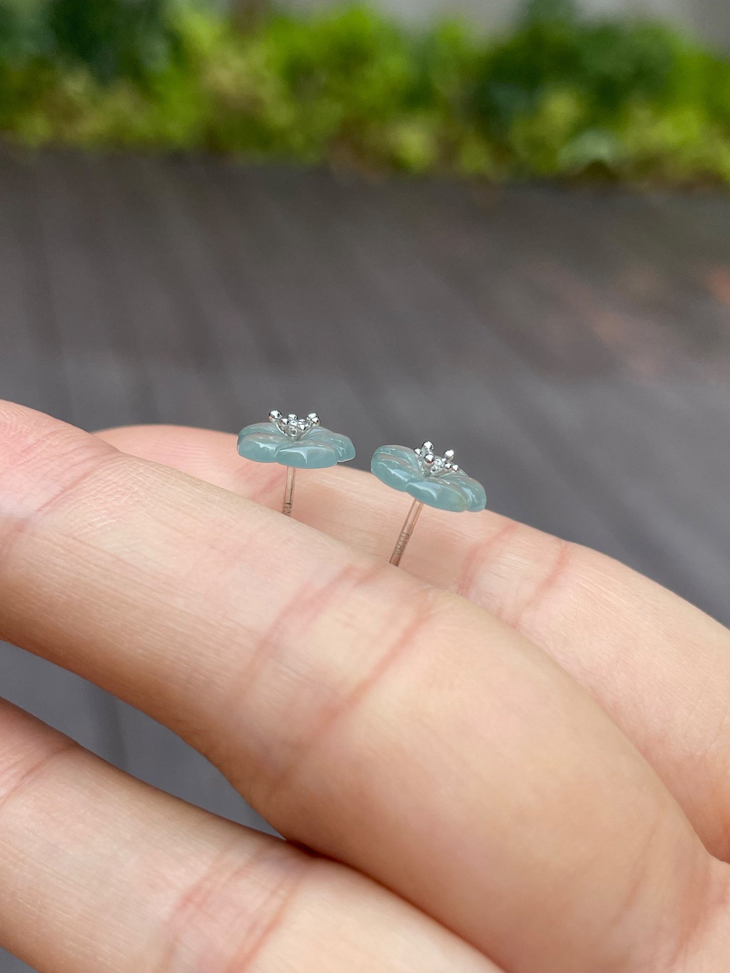 Light Bluish Green Carved Jade Earrings - Plum Blossoms (NJE068)