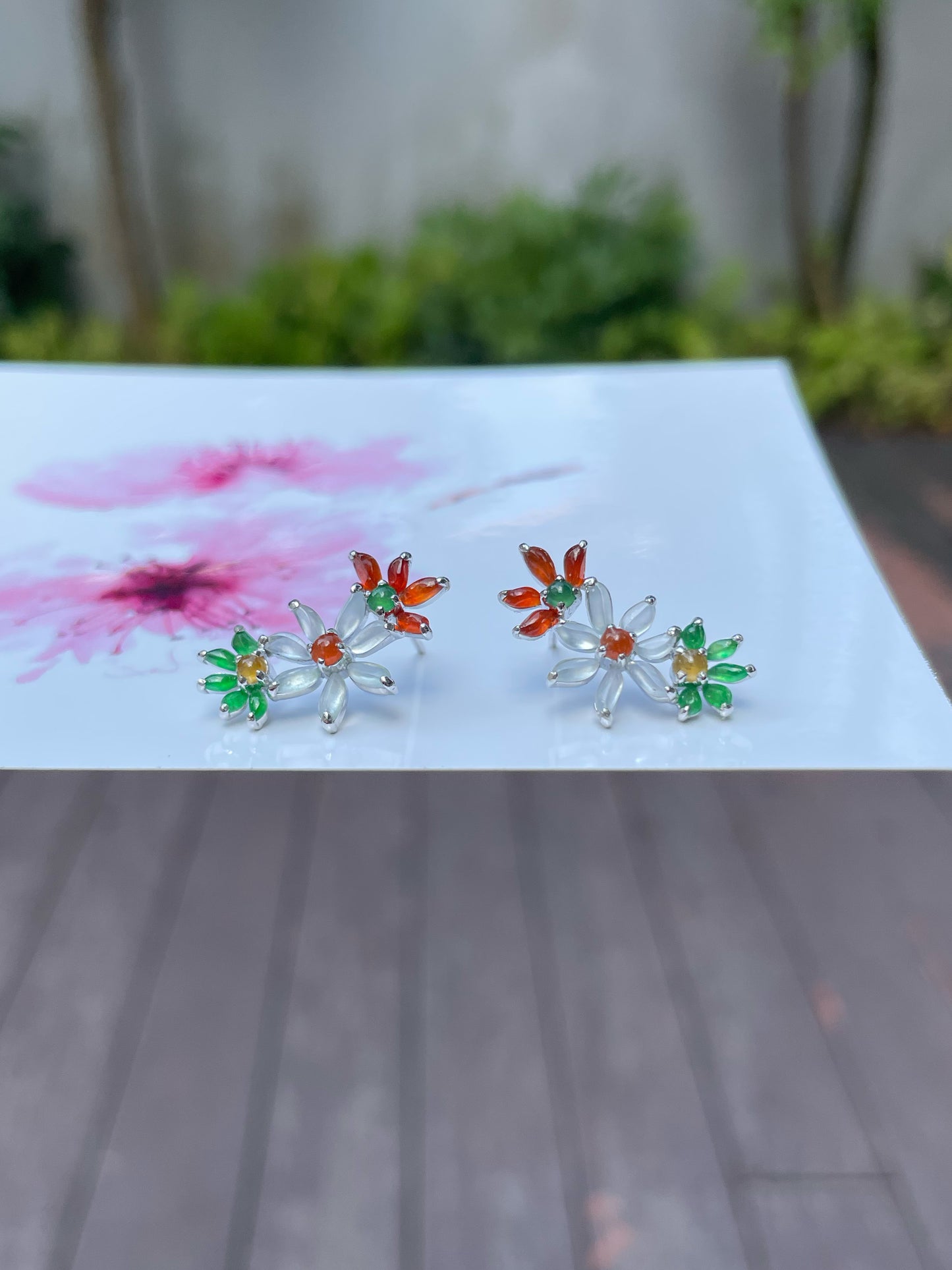 Multicoloured Jade Earrings - Flowers (NJE092)