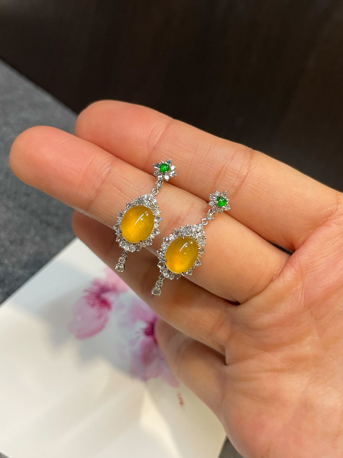 Icy Yellow Jade Cabochon Earrings (NJE093)