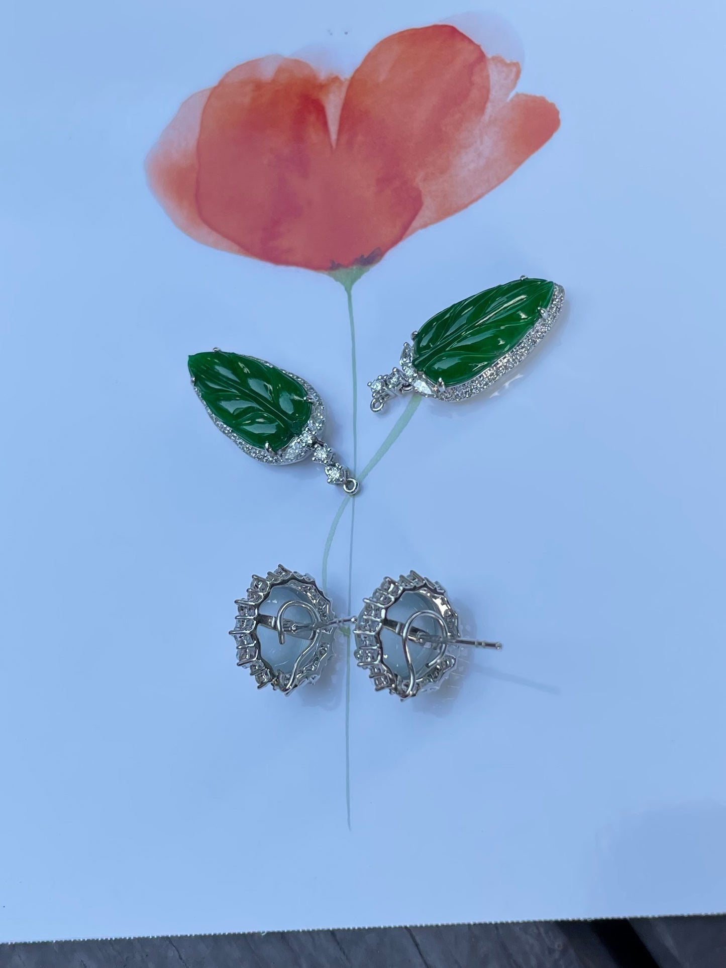 Icy Jade Cabochon With Green Leaf Jade Earrings (NJE031)