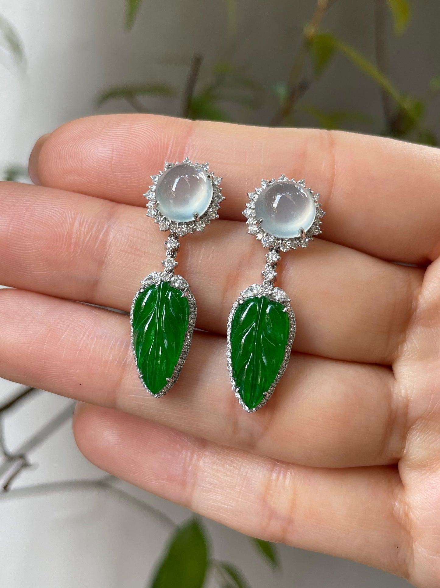 Icy Jade Cabochon With Green Leaf Jade Earrings (NJE031)