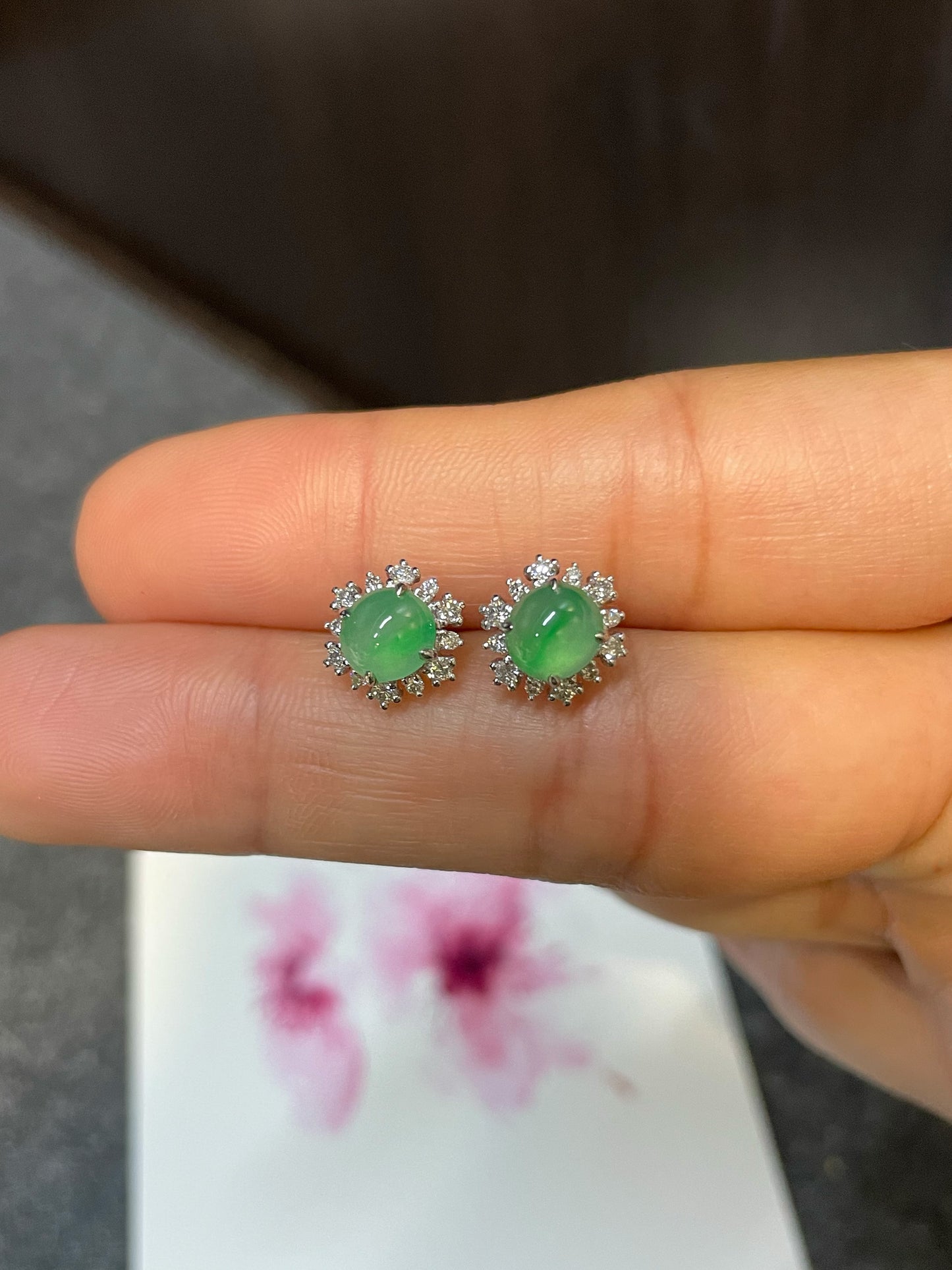 Icy Green Jadeite Cabochon Earrings (NJE102)