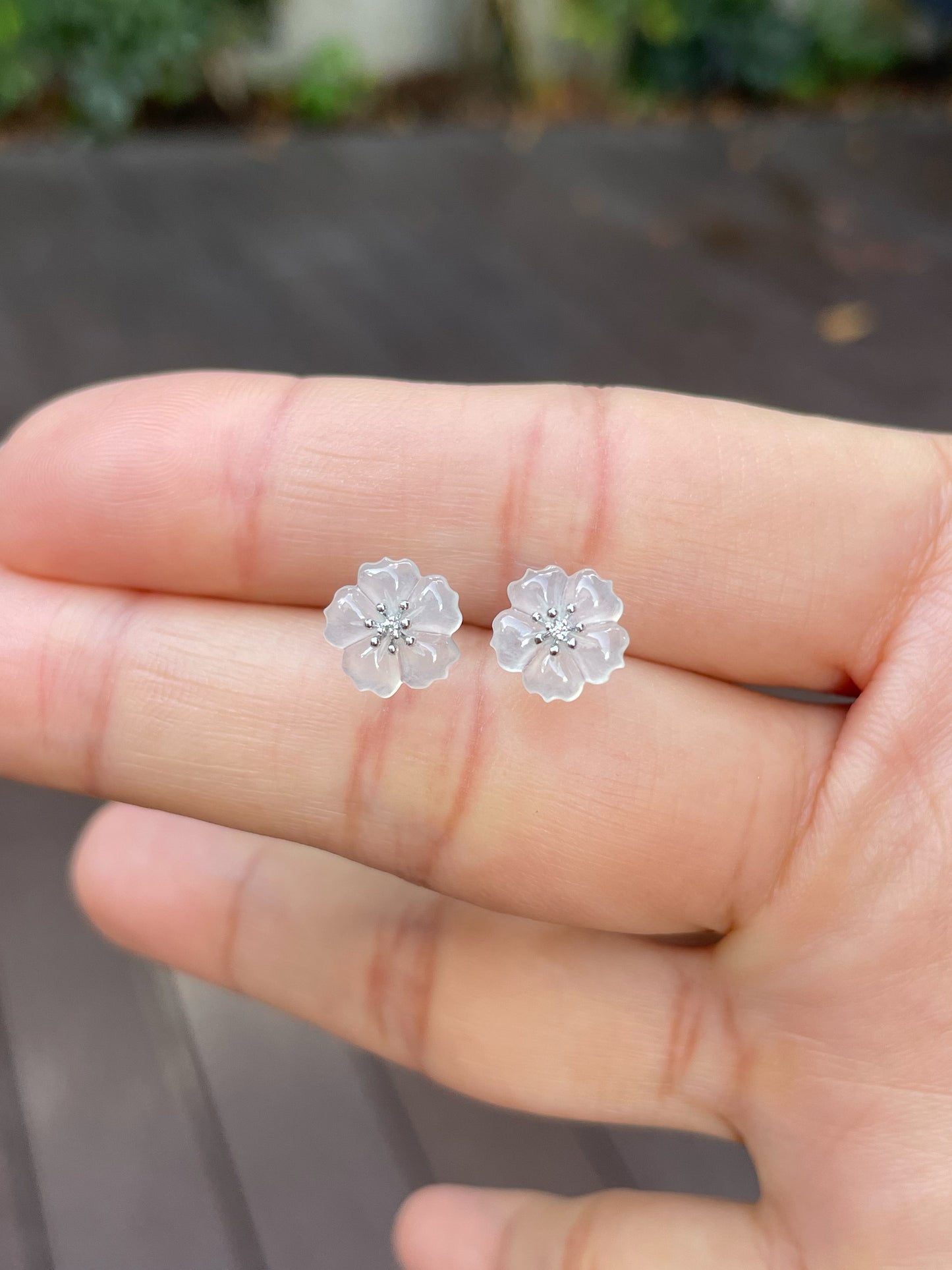 Icy Carved Jade Earrings - Plum Blossoms (NJE126)