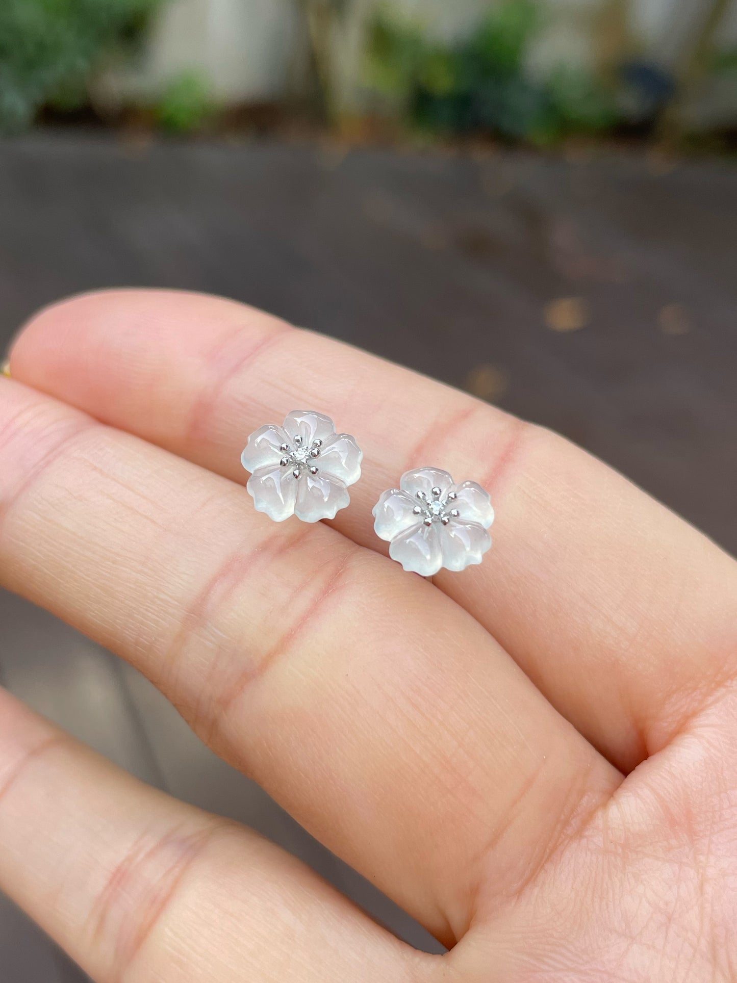 Icy Carved Jade Earrings - Plum Blossoms (NJE126)