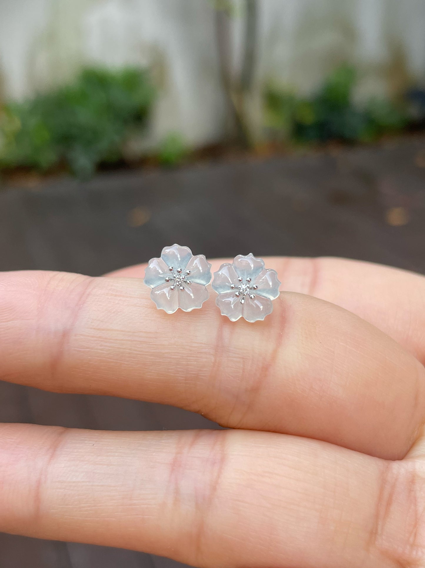Icy Carved Jade Earrings - Plum Blossoms (NJE126)