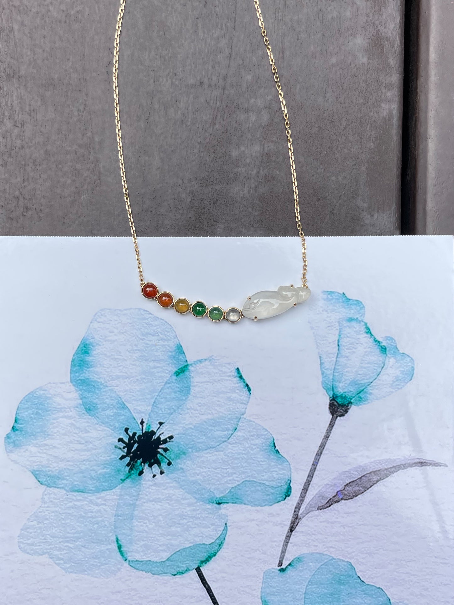 Jade Pendant with Necklace - Multi-coloured Cabochons & Whale (NJN011)