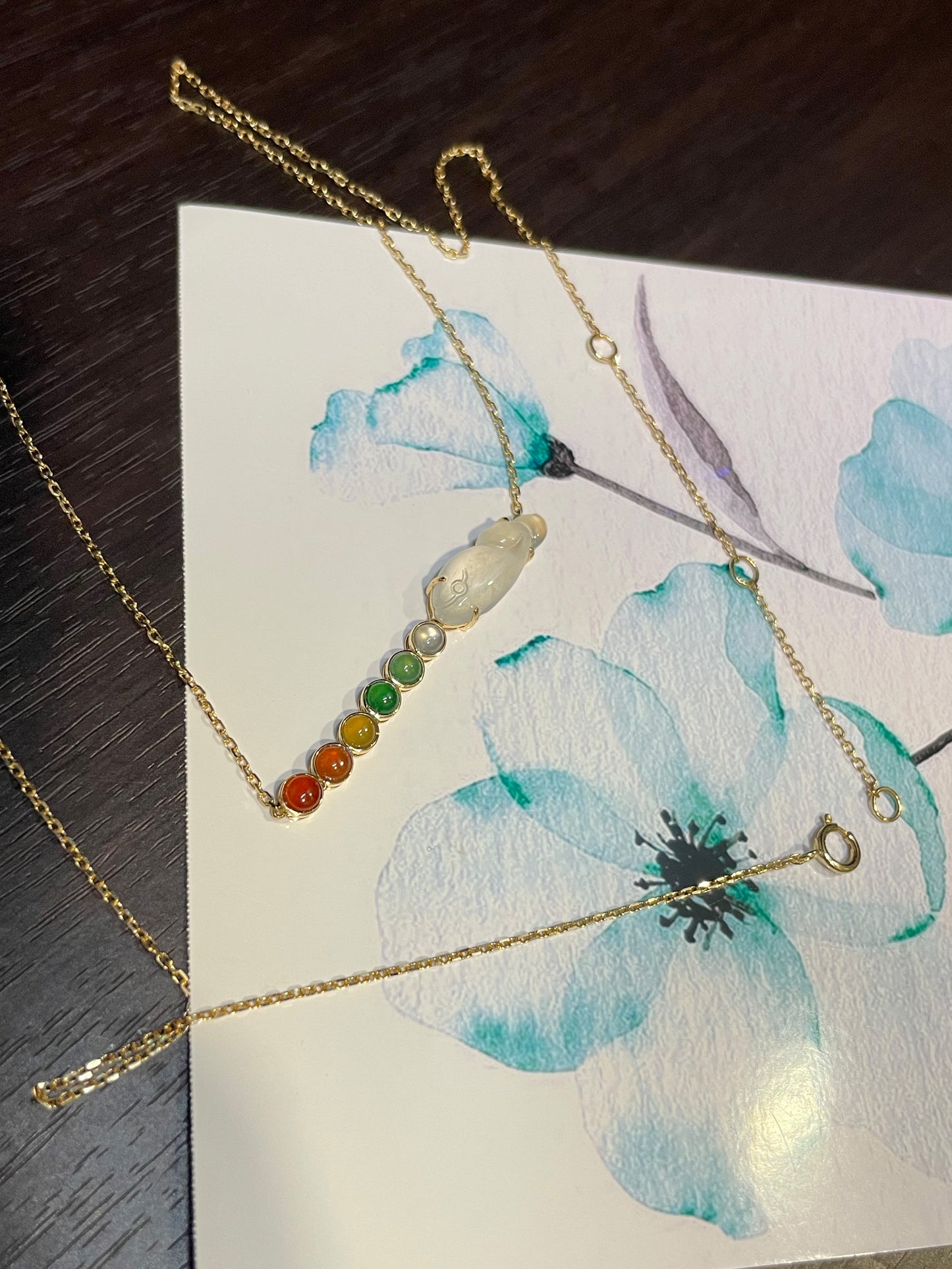 Jade Pendant with Necklace - Multi-coloured Cabochons & Whale (NJN011)