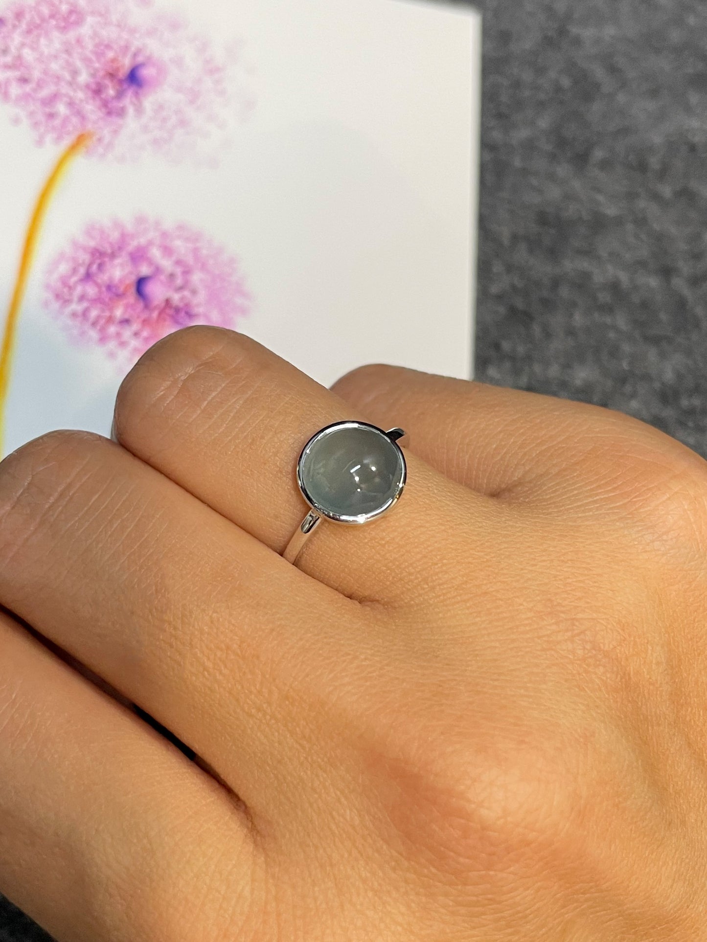 Icy Blue Jadeite Cabochon Ring (NJR088)