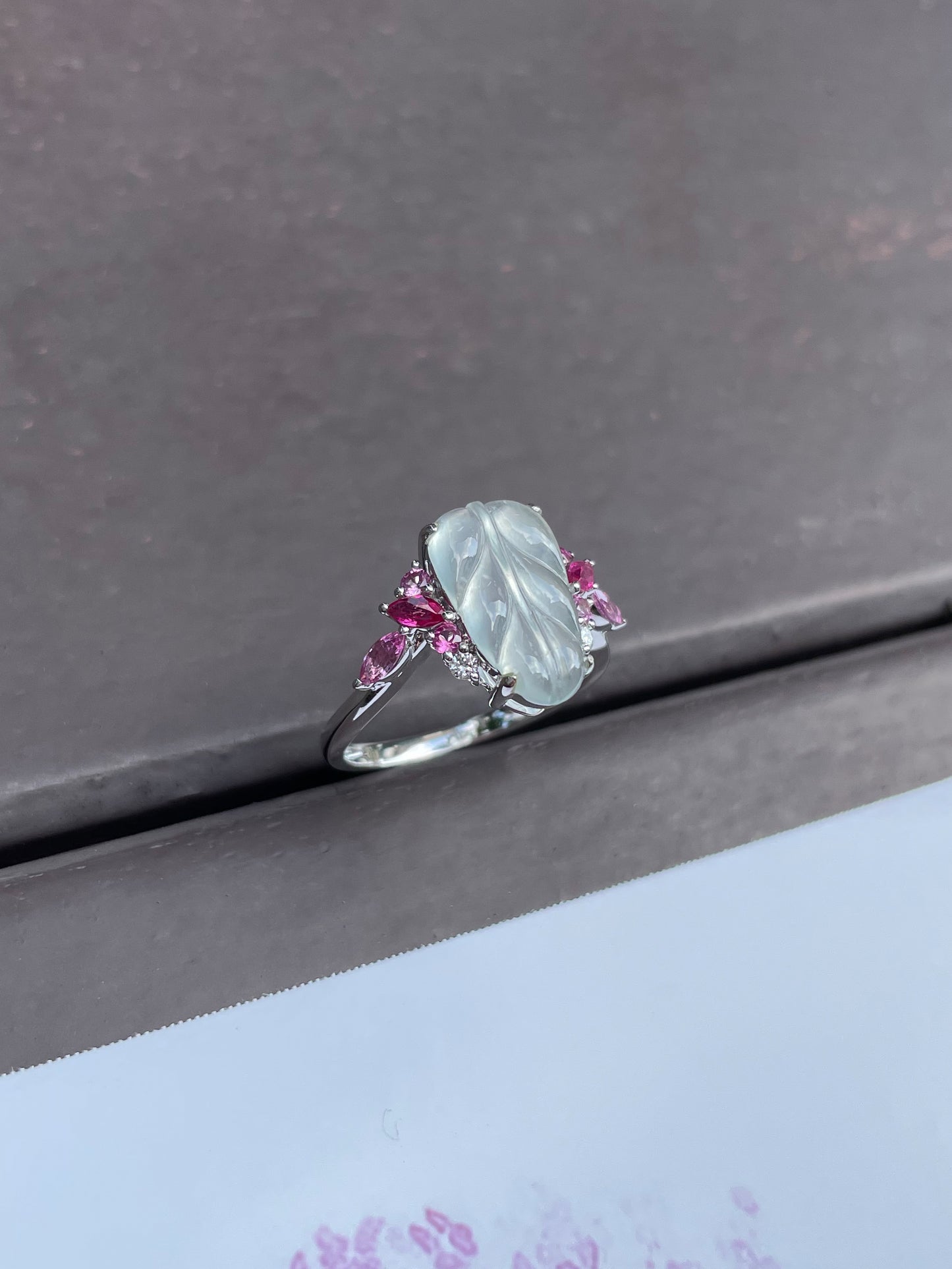 Icy Jadeite Ring - Leaf Carving 叶子 (NJR090)