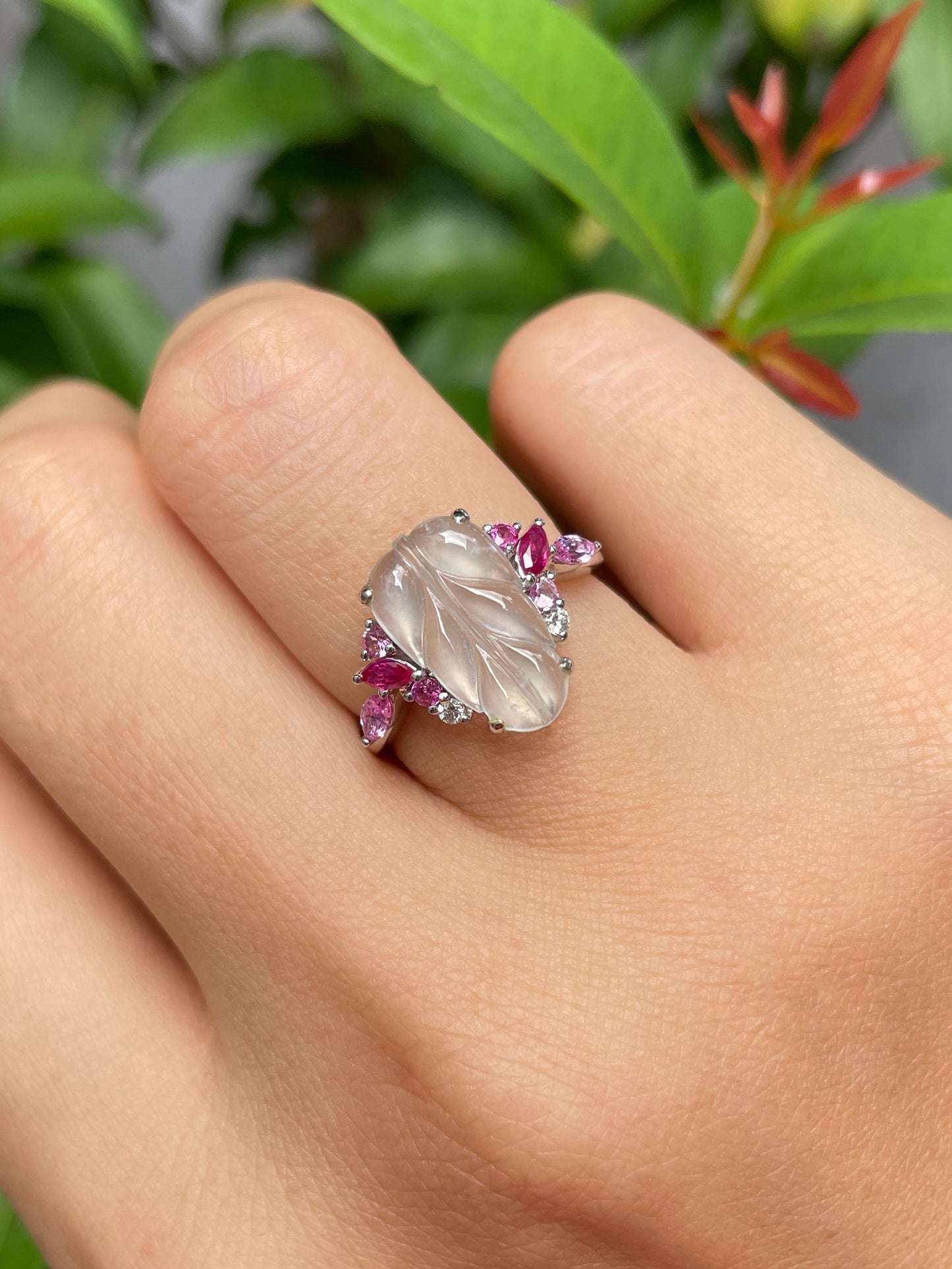 Icy Jadeite Ring - Leaf Carving 叶子 (NJR090)