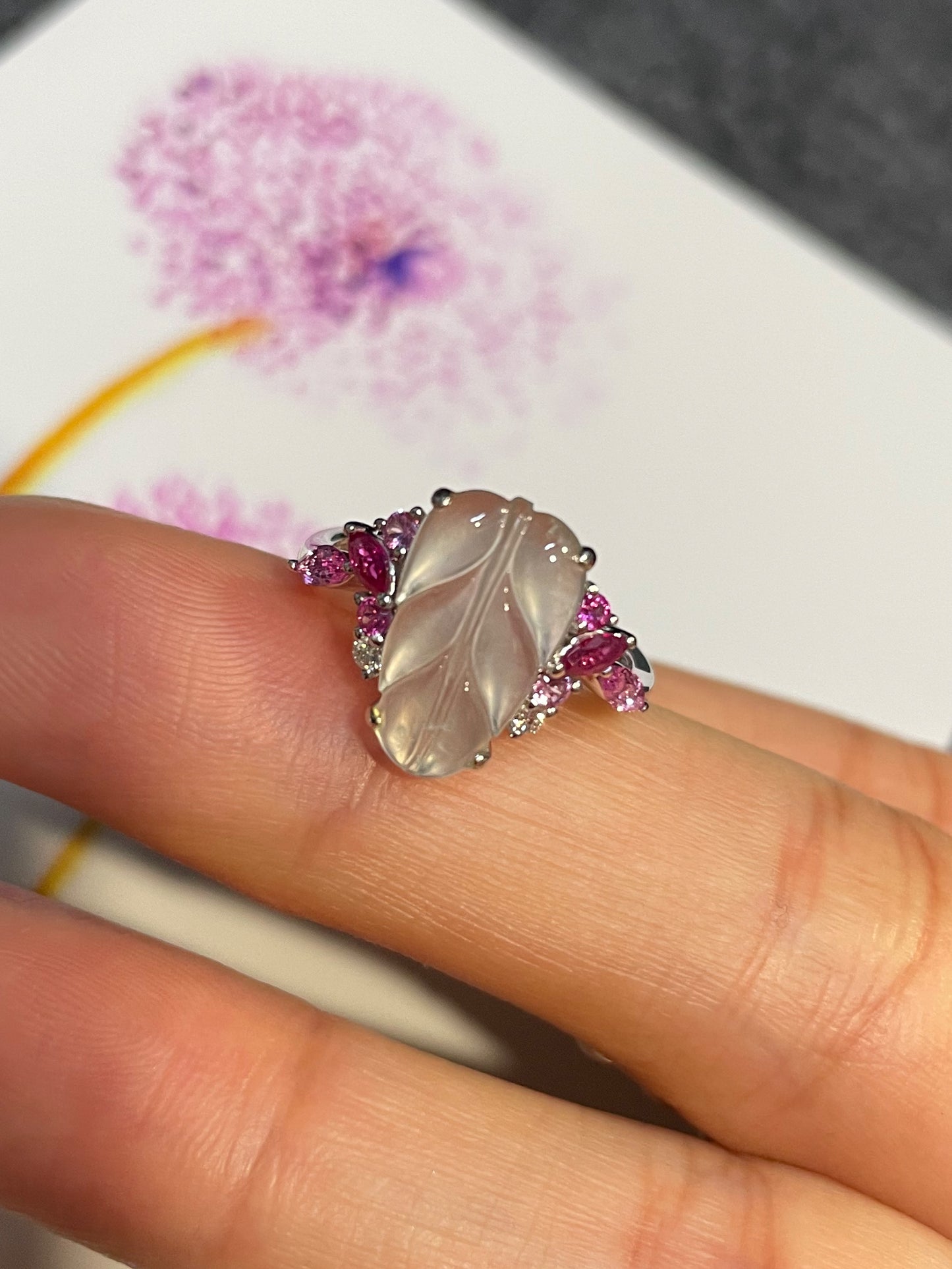Icy Jadeite Ring - Leaf Carving 叶子 (NJR090)