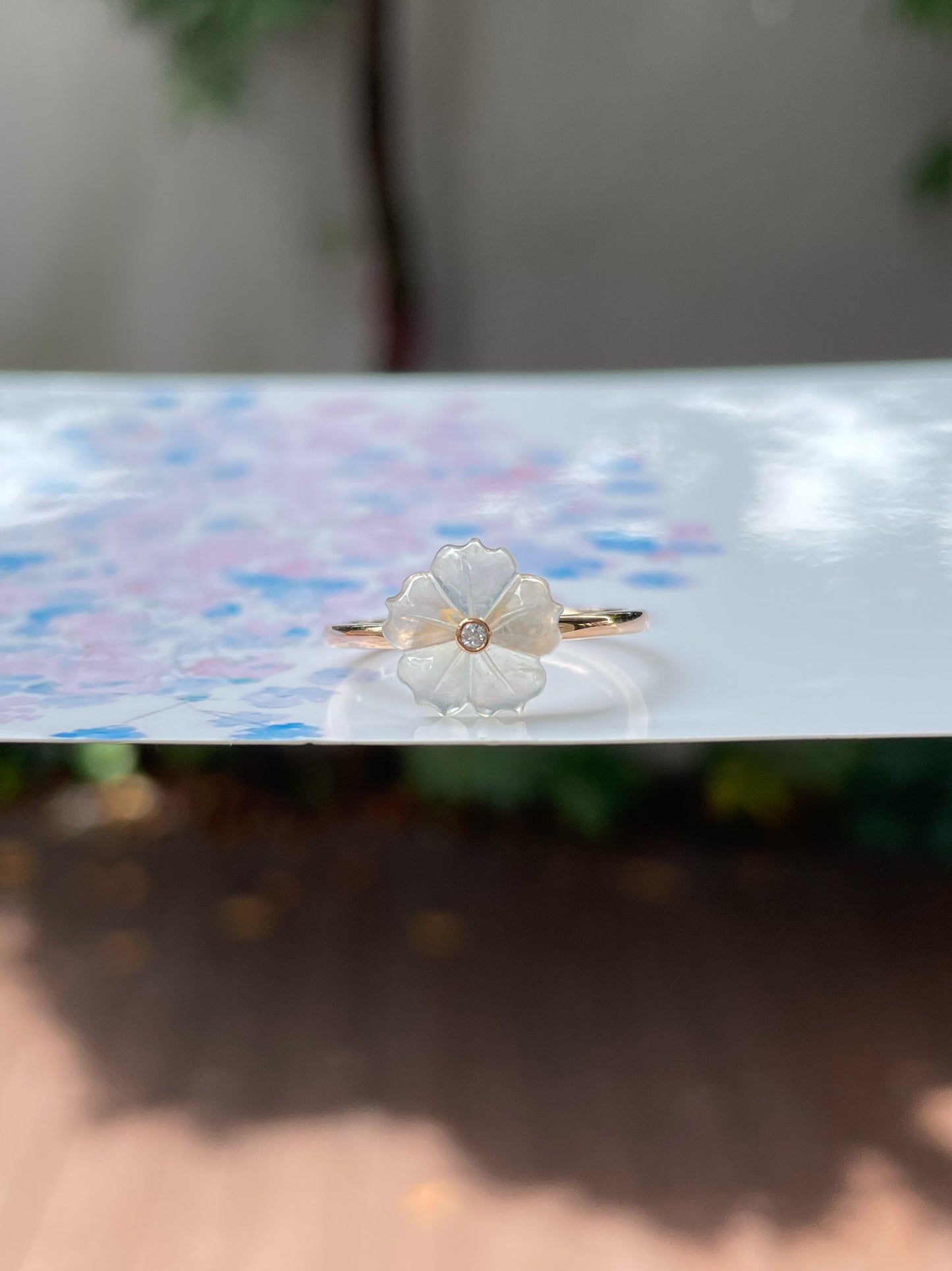 Icy White Carved Jade Ring - Plum Blossom (NJR147)