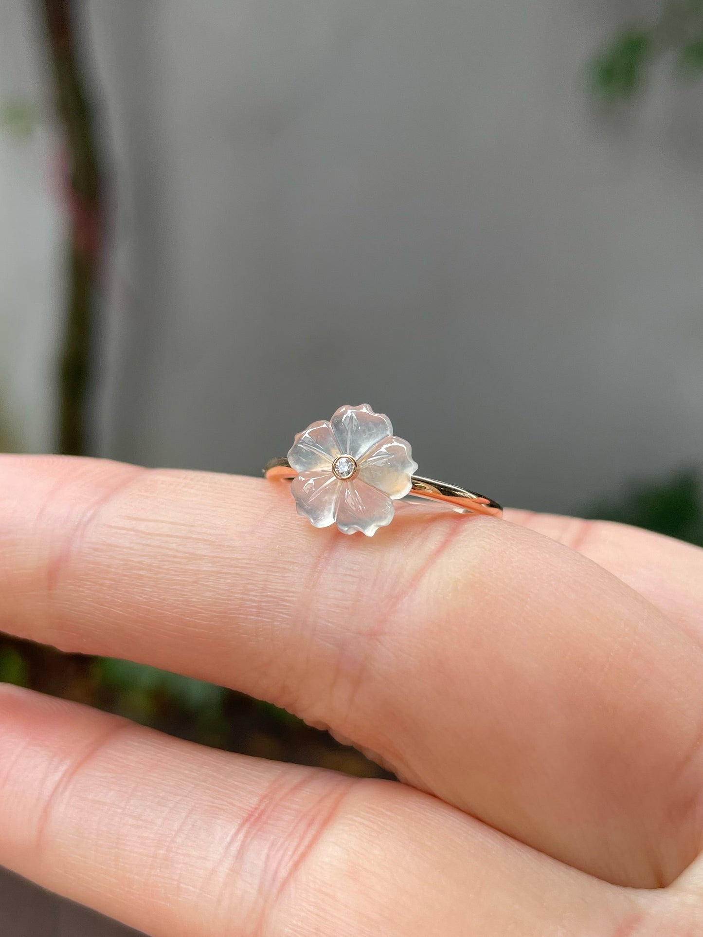 Icy White Carved Jade Ring - Plum Blossom (NJR147)
