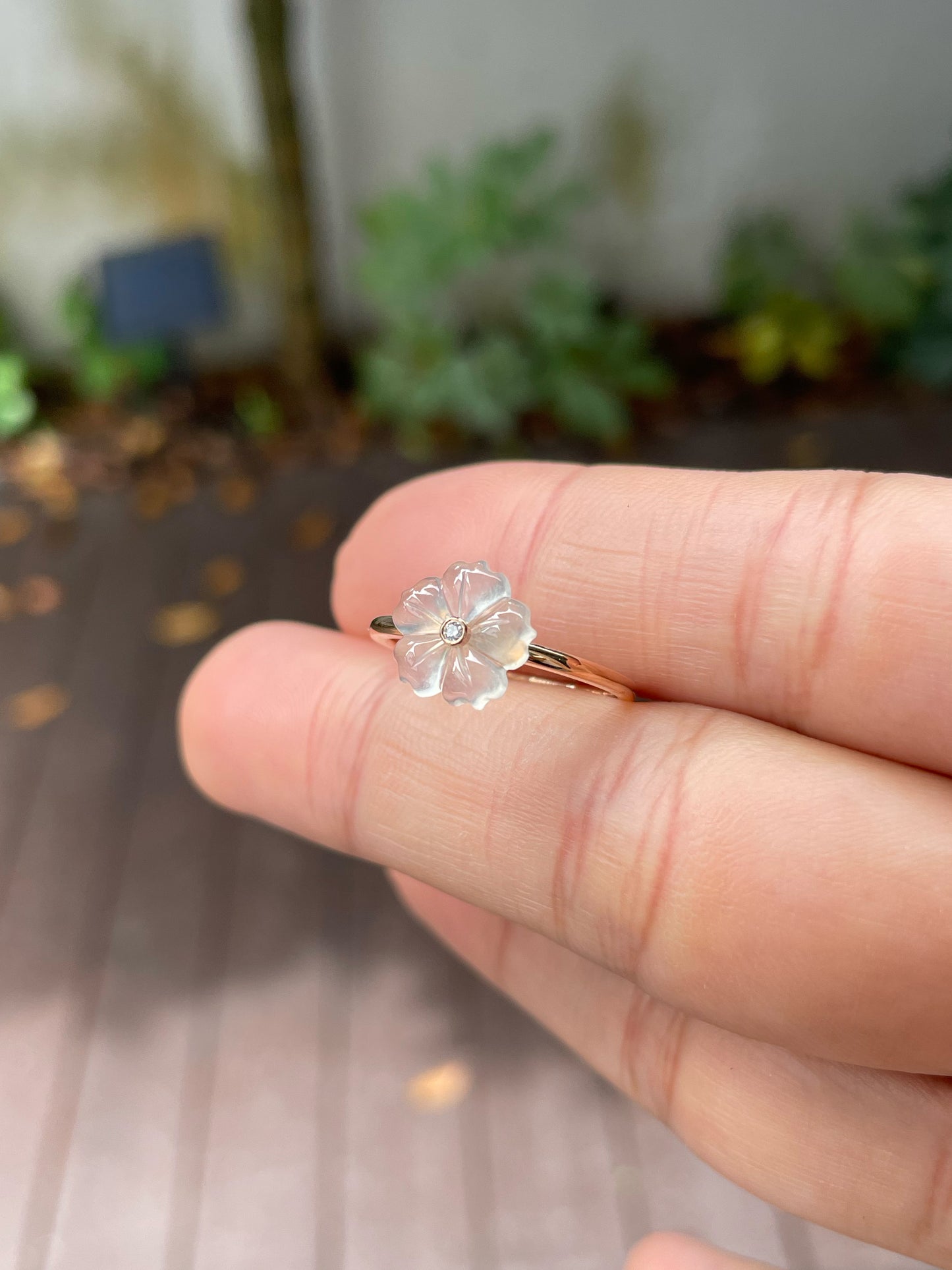 Icy White Carved Jade Ring - Plum Blossom (NJR147)