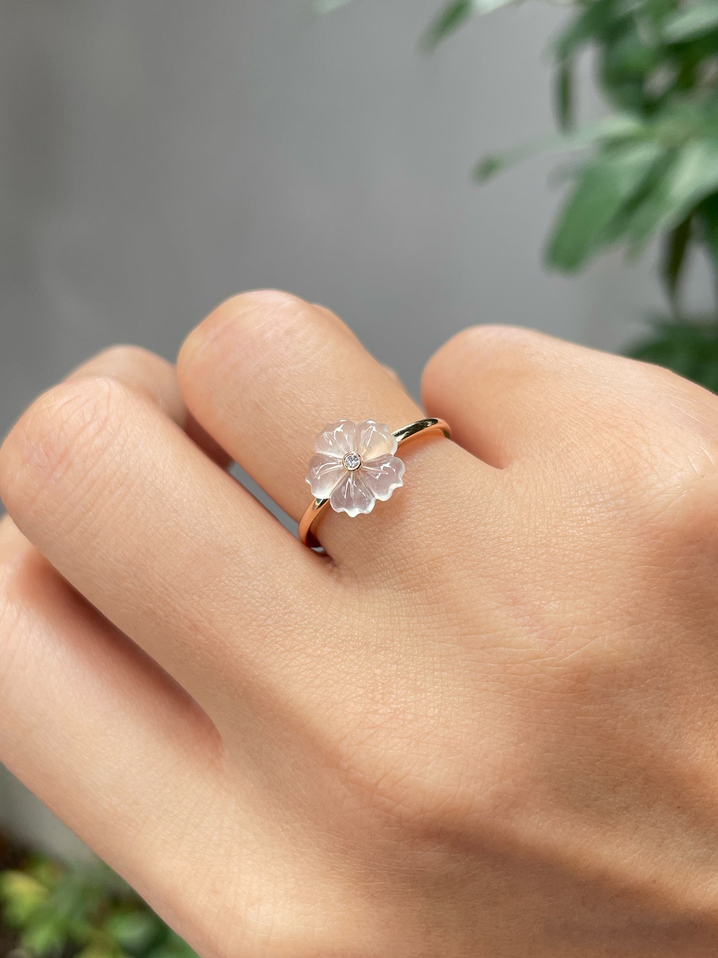 Icy White Carved Jade Ring - Plum Blossom (NJR147)