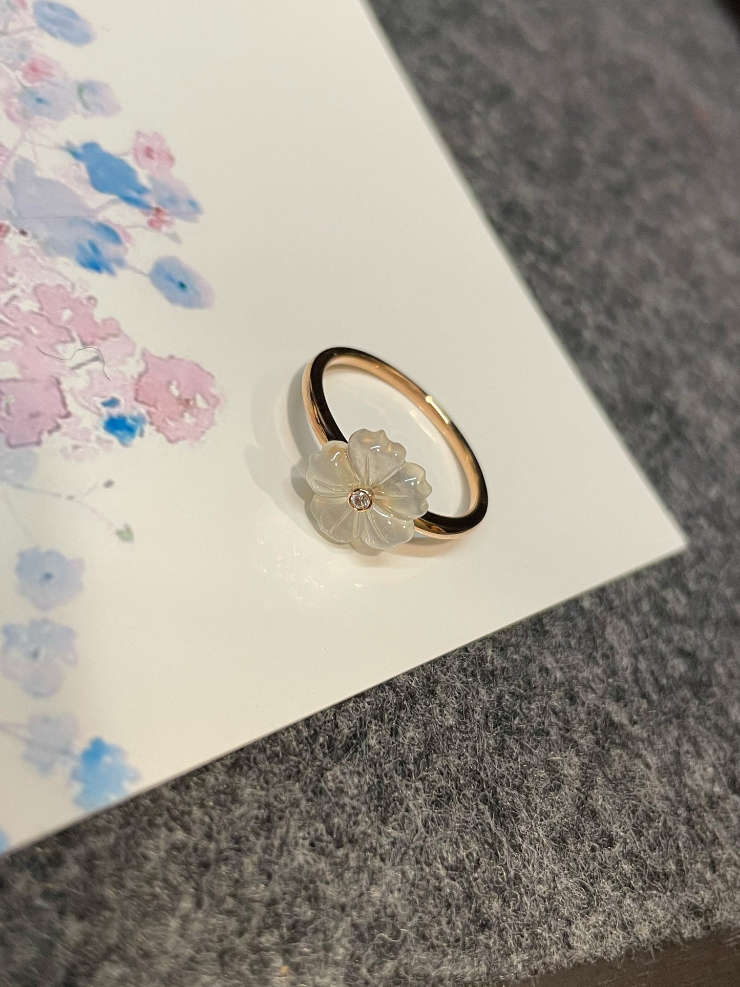 Icy White Carved Jade Ring - Plum Blossom (NJR147)