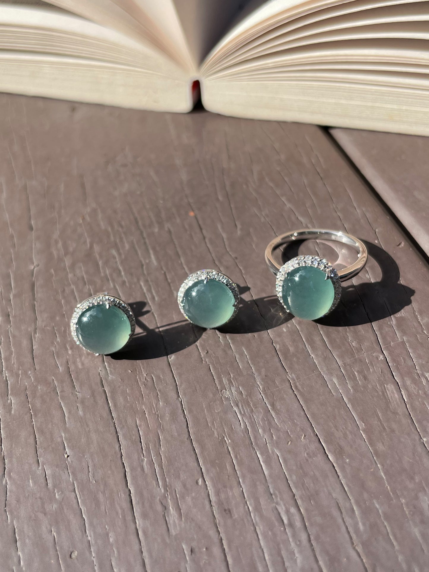 Icy Bluish-green Jadeite Cabochon Ring + Earrings (NJS001)