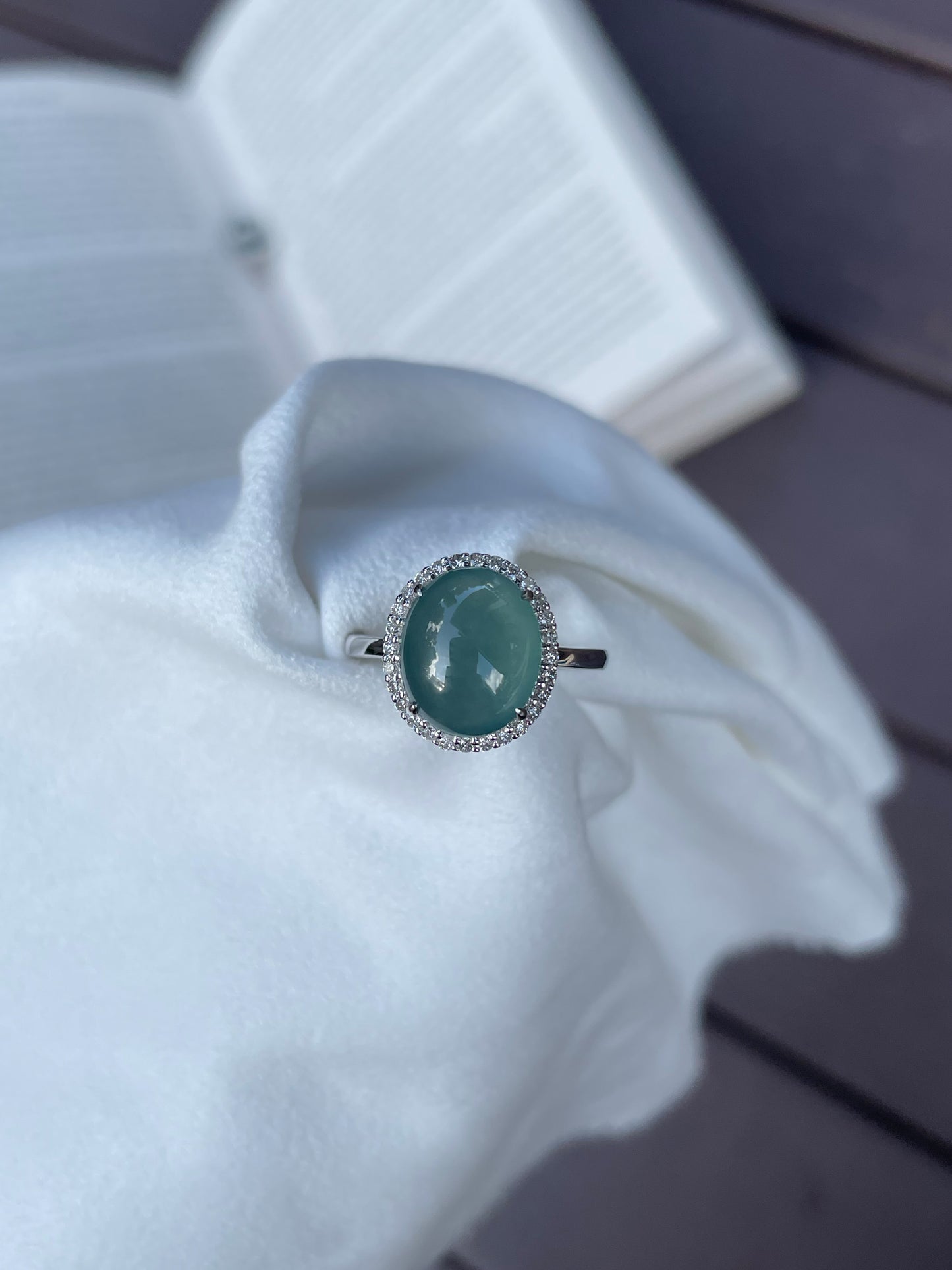 Icy Bluish-green Jadeite Cabochon Ring + Earrings (NJS001)