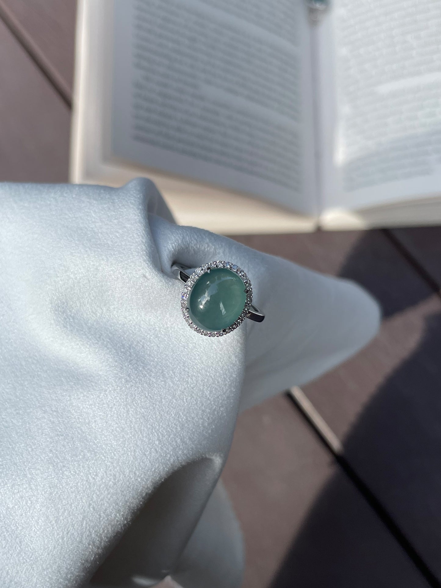 Icy Bluish-green Jadeite Cabochon Ring + Earrings (NJS001)