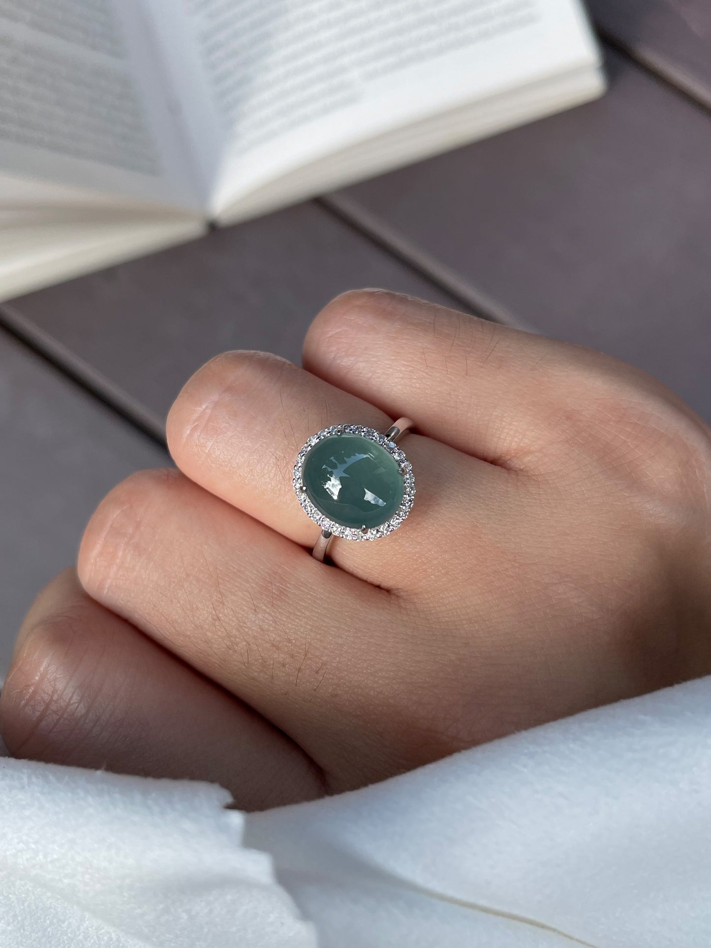 Icy Bluish-green Jadeite Cabochon Ring + Earrings (NJS001)
