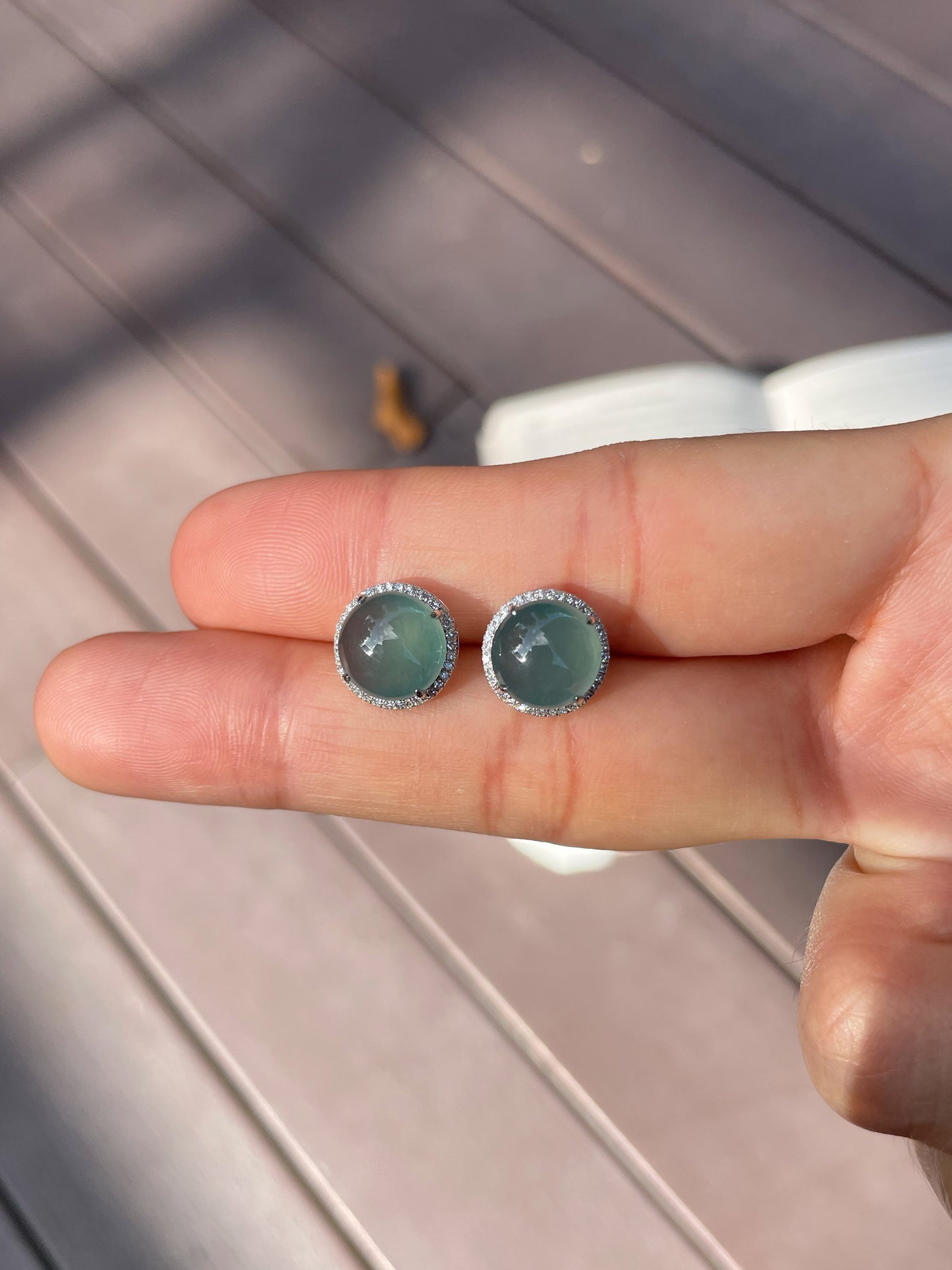 Icy Bluish-green Jadeite Cabochon Ring + Earrings (NJS001)