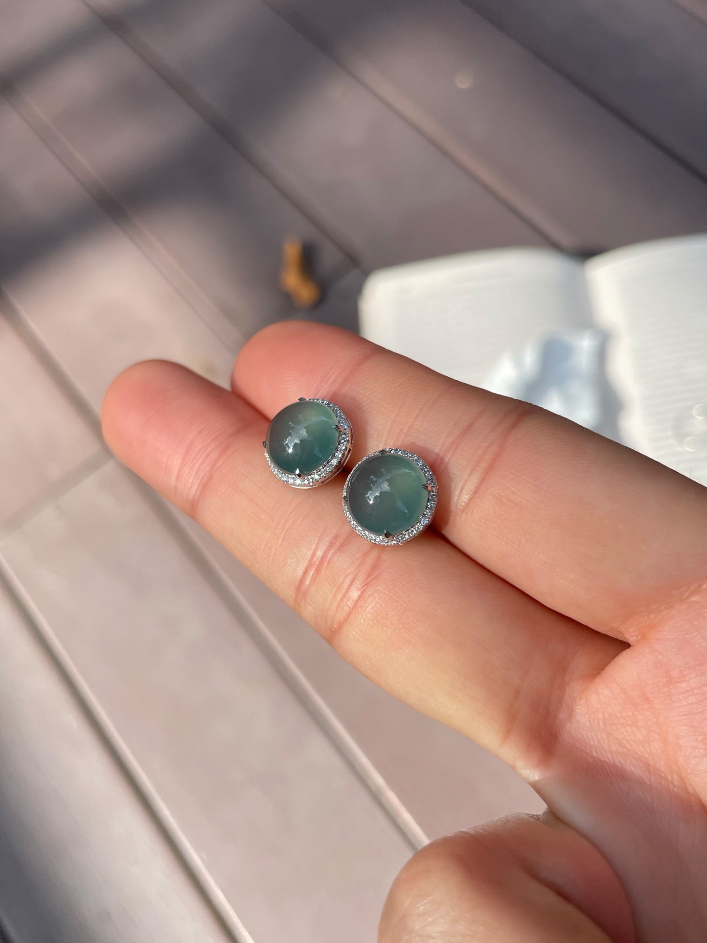 Icy Bluish-green Jadeite Cabochon Ring + Earrings (NJS001)