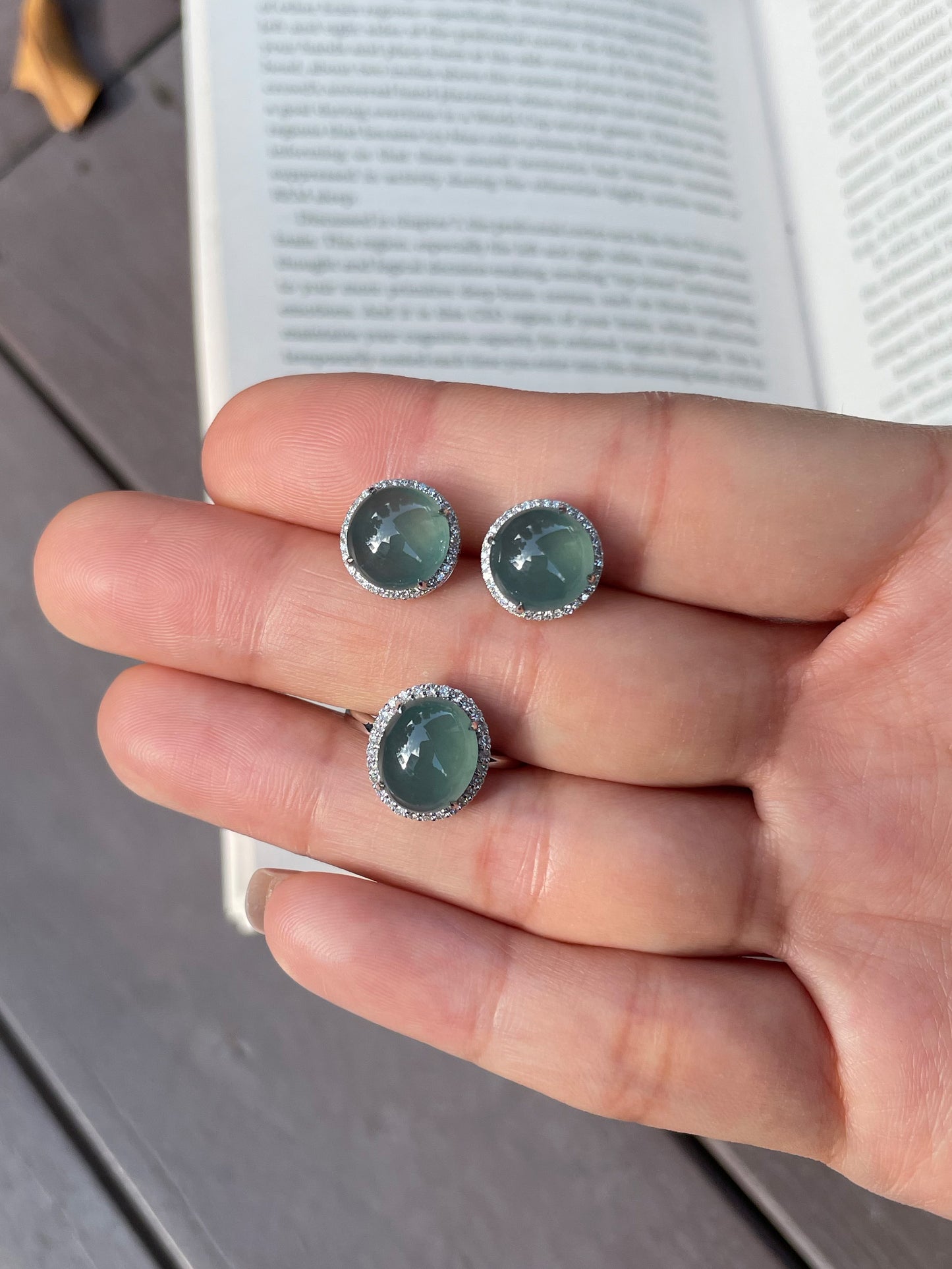 Icy Bluish-green Jadeite Cabochon Ring + Earrings (NJS001)