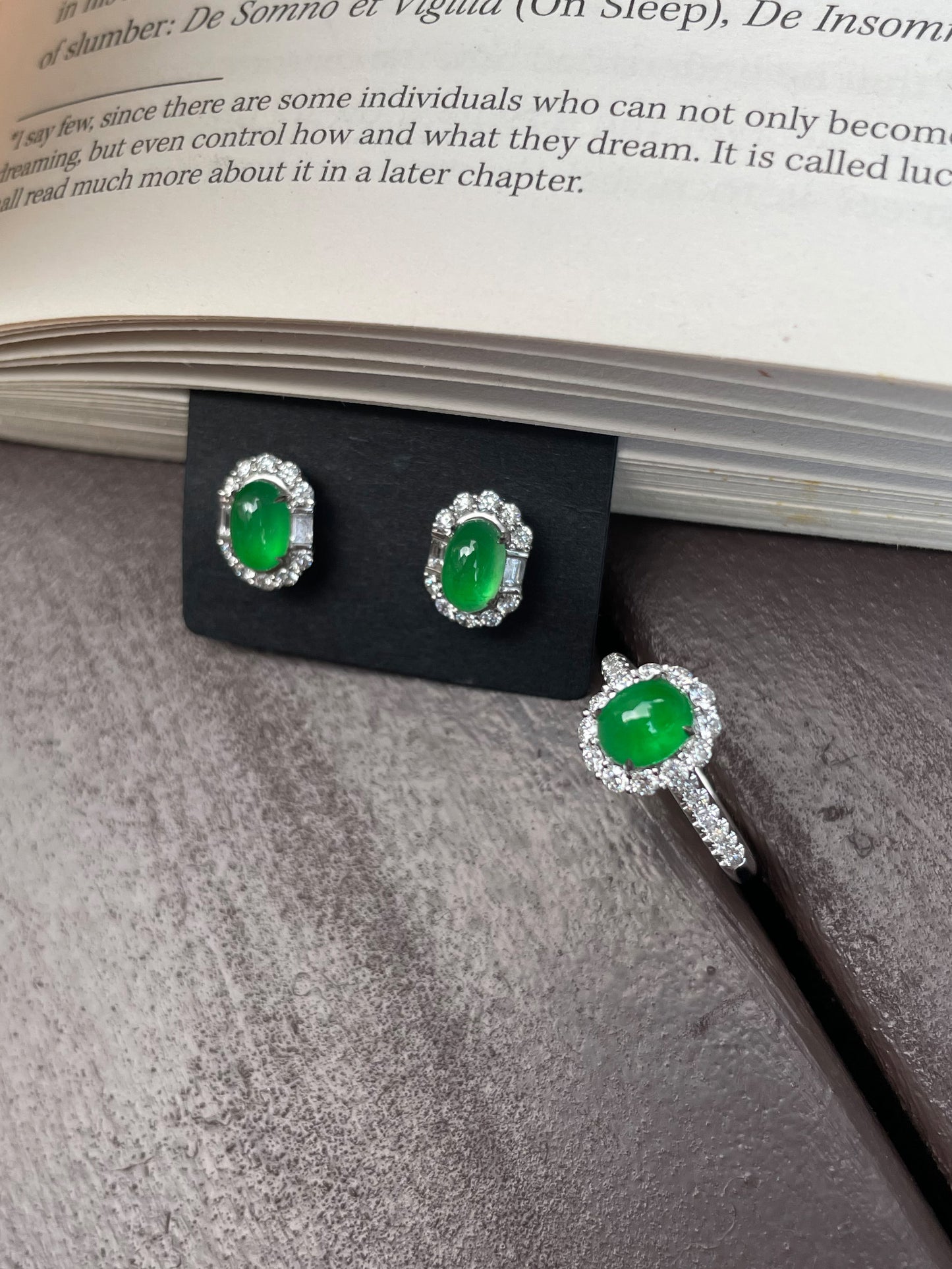 Icy Green Jadeite Cabochon Ring + Earrings (NJS003)