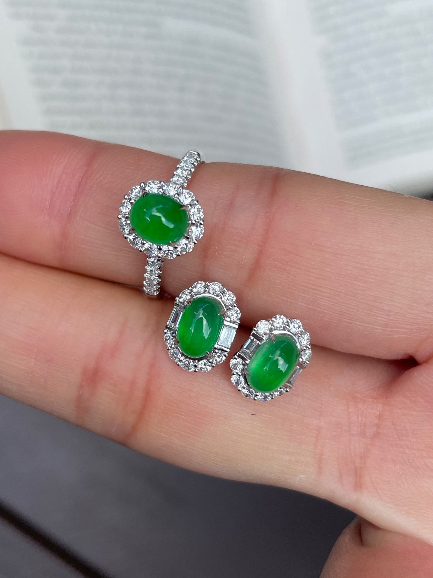 Icy Green Jadeite Cabochon Ring + Earrings (NJS003)