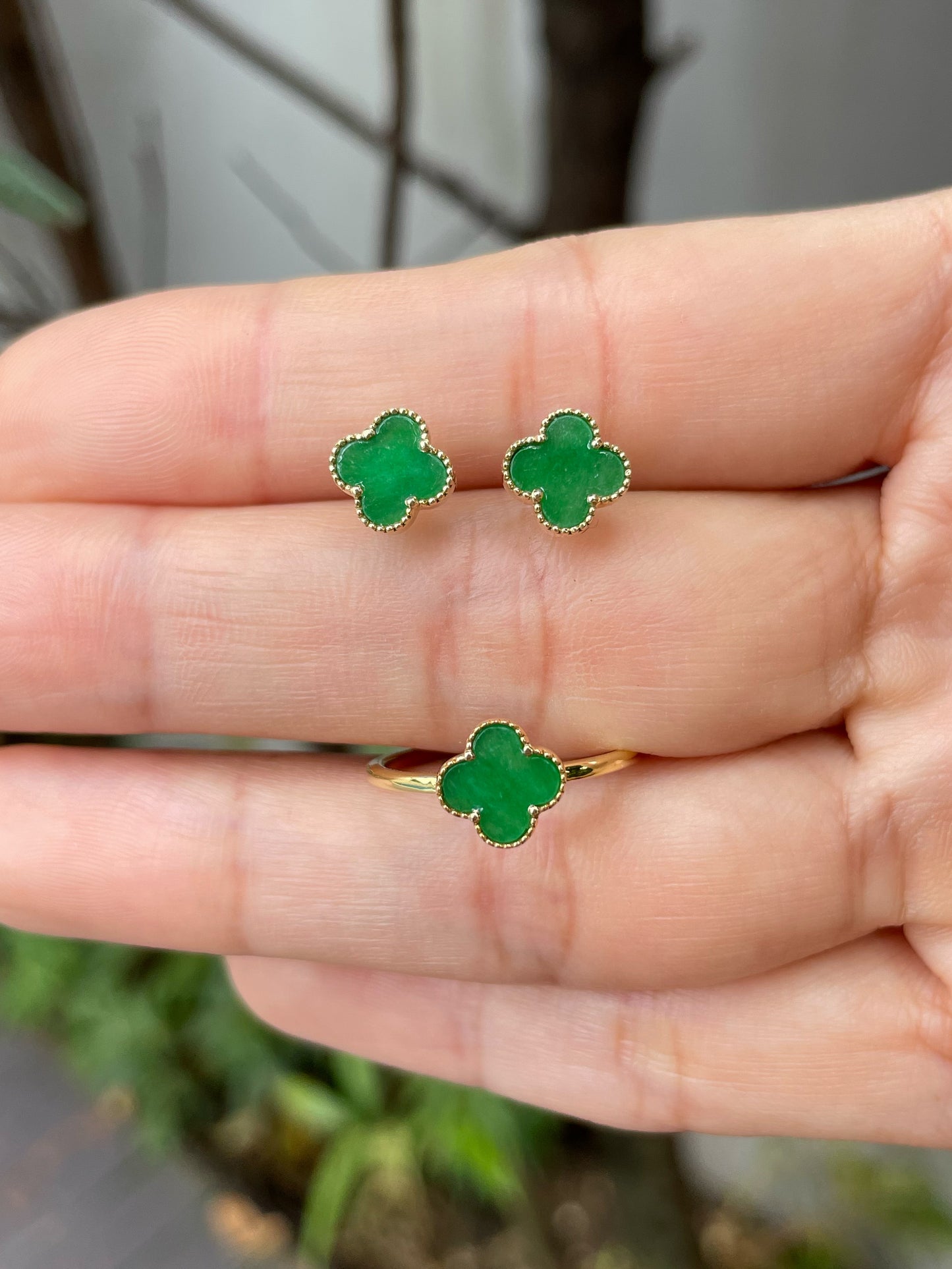 Green Clover Jadeite Ring & Earrings (NJS008)