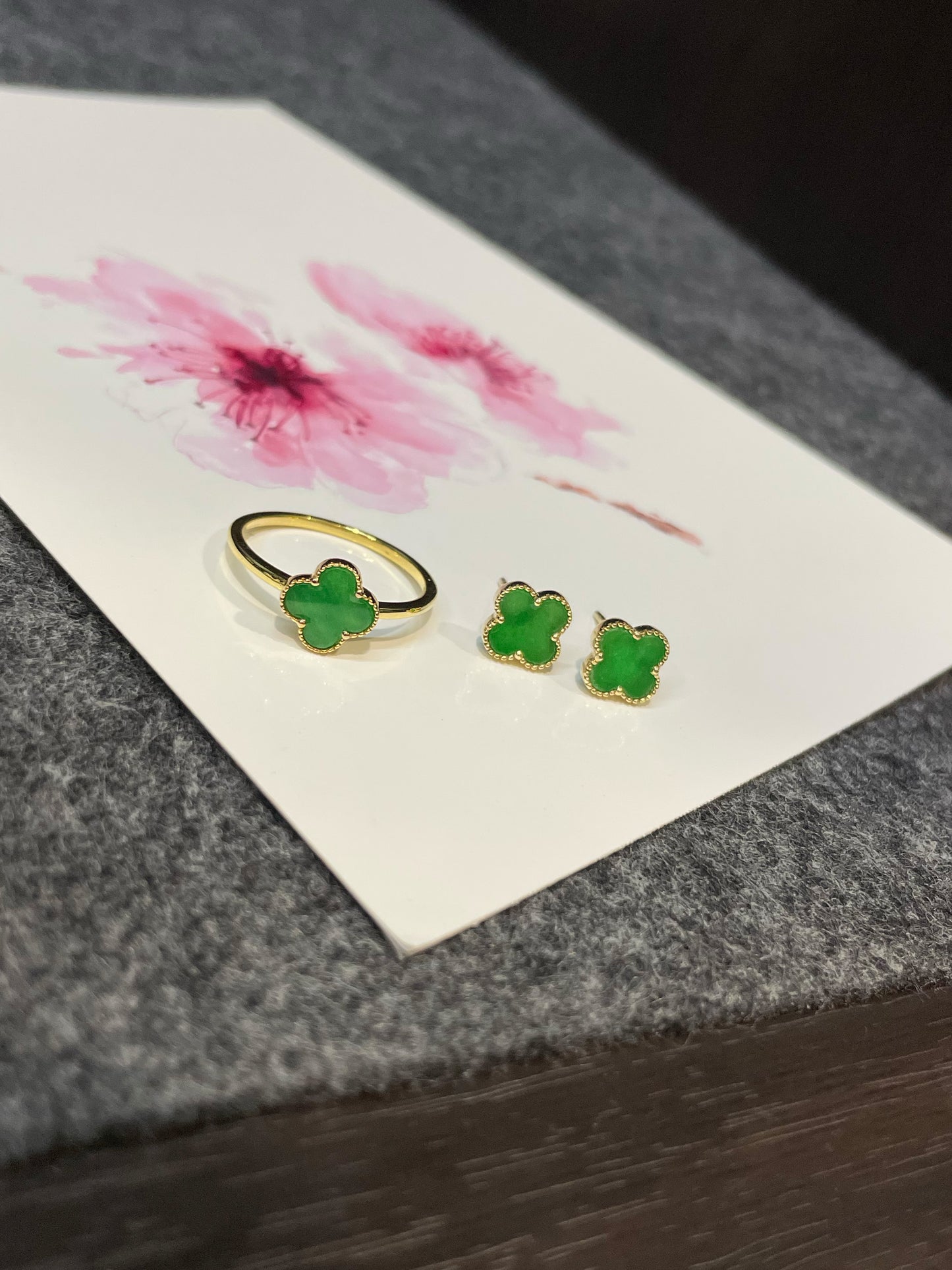 Green Clover Jadeite Ring & Earrings (NJS008)