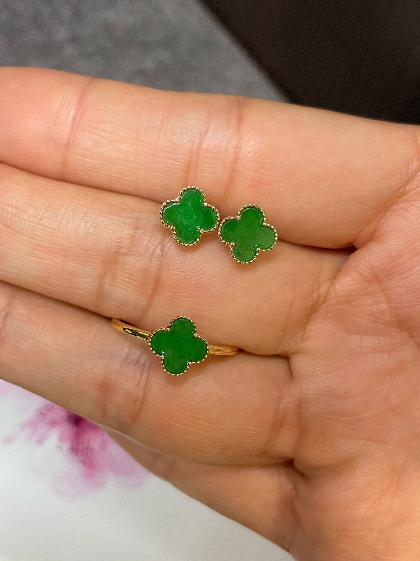 Green Clover Jadeite Ring & Earrings (NJS008)