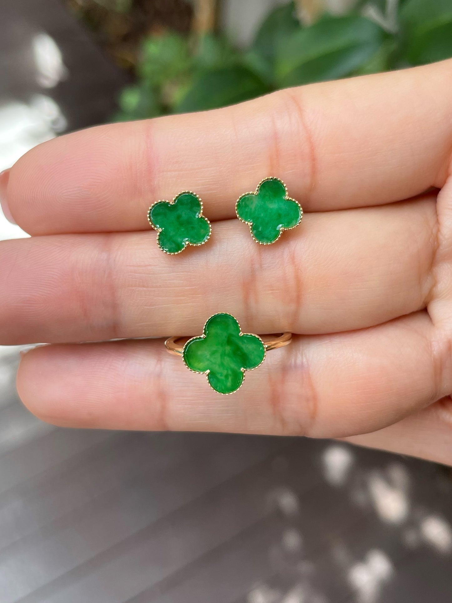 Green Clover Jadeite Ring & Earrings (NJS009)