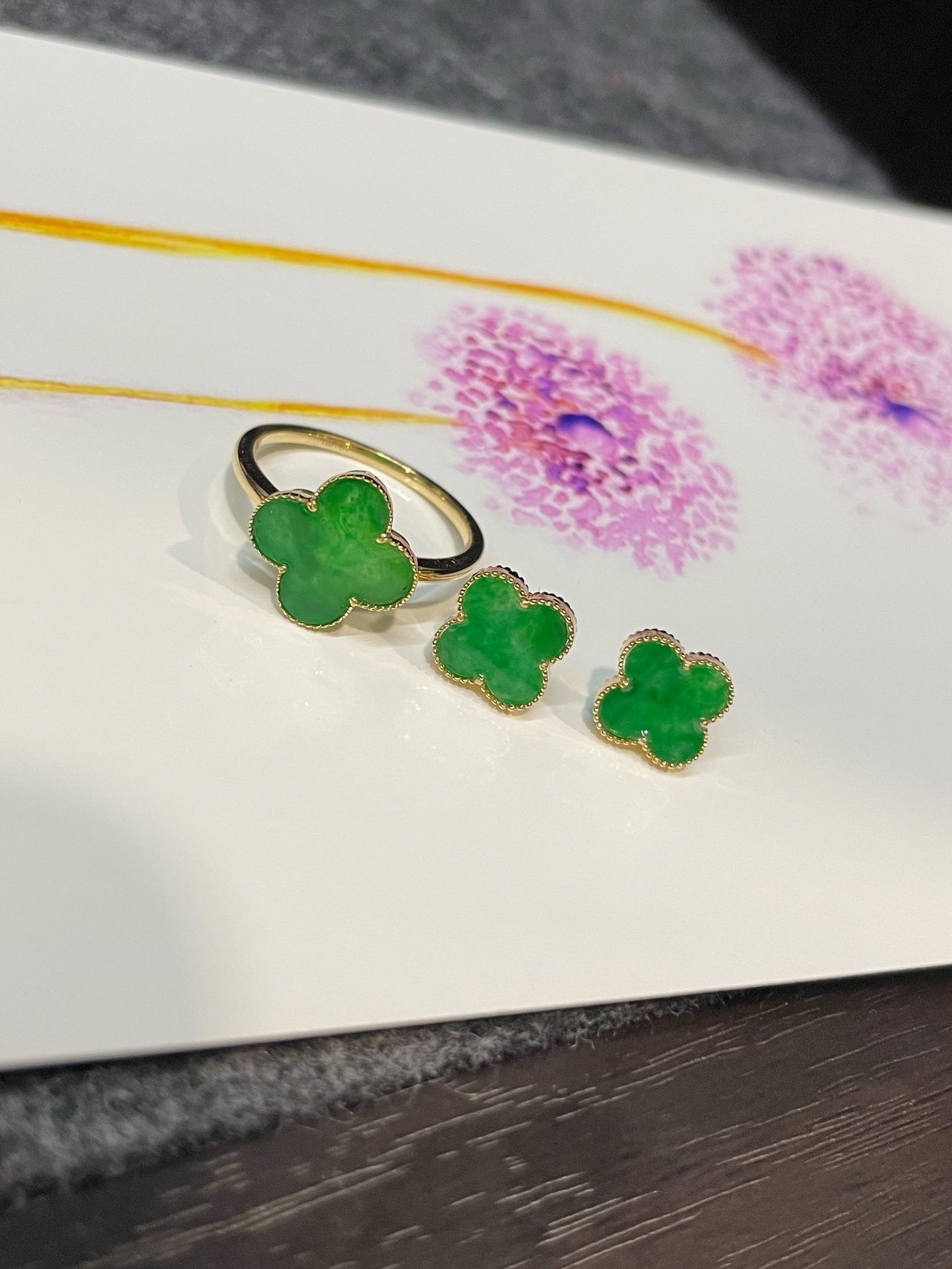 Green Clover Jadeite Ring & Earrings (NJS009)