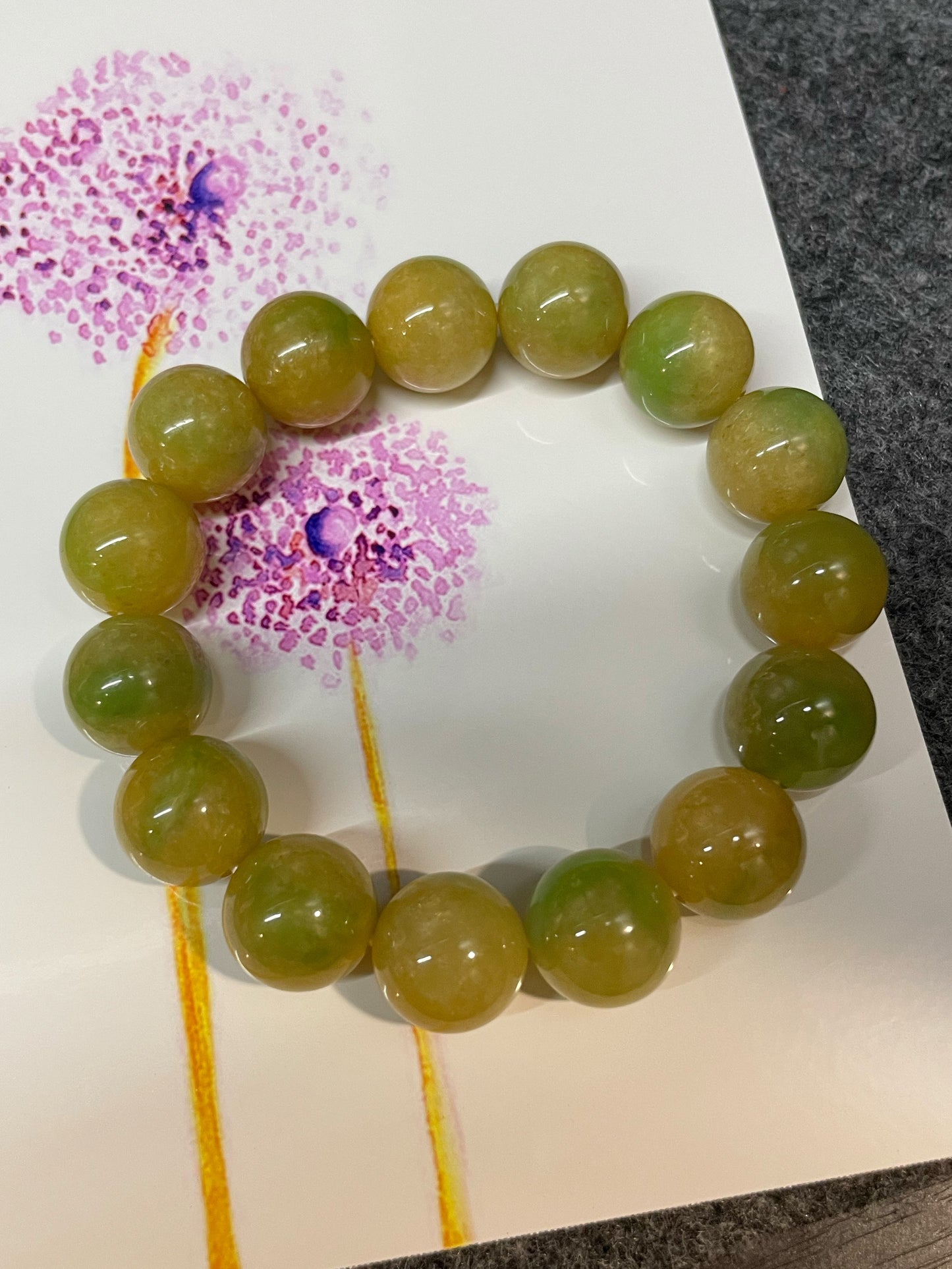 Yellow With Green Jade Bracelet - Round Beads (NJBA109)