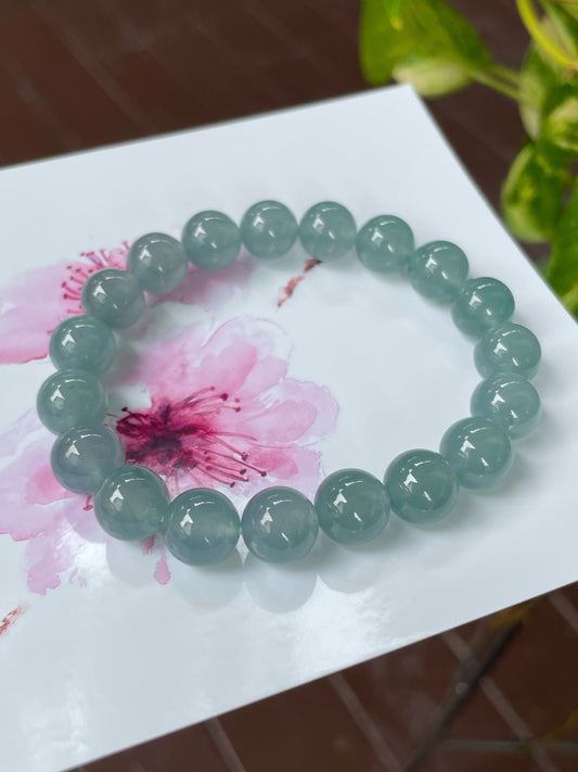 Greenish Blue Jade Bracelet - Round Beads (NJBA111)