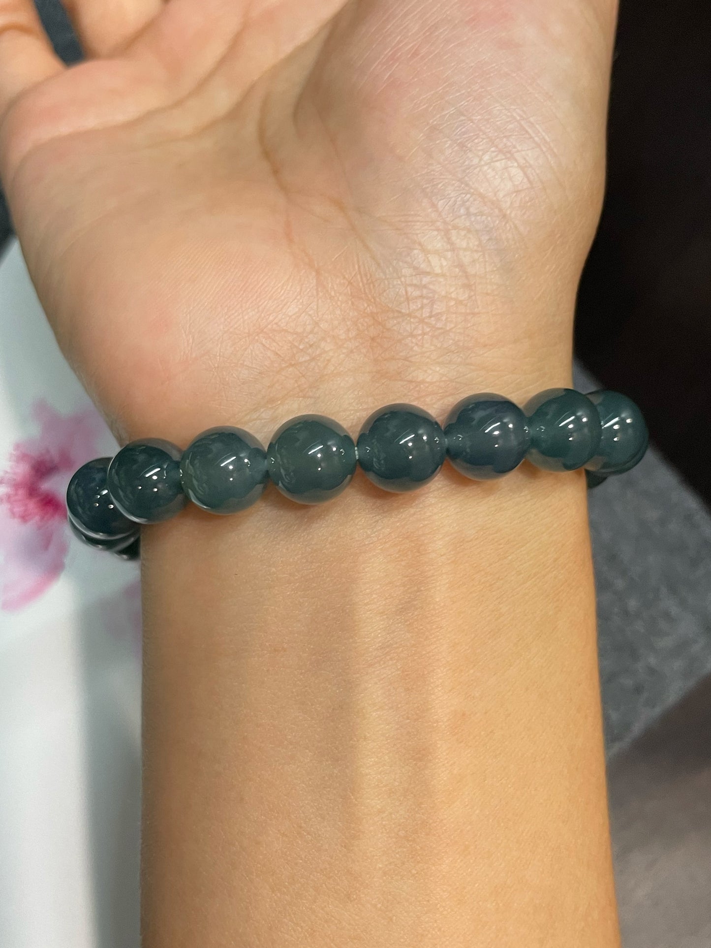 Greenish Blue Jade Bracelet - Round Beads (NJBA126)