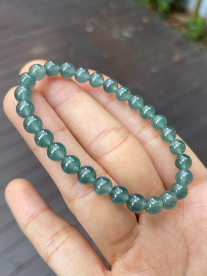 Icy Greenish Blue Jade Bracelet - Round Beads (NJBA141)