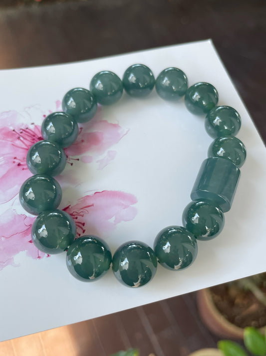 Bluish Green Jade Bracelet - Round Beads (NJBA152)