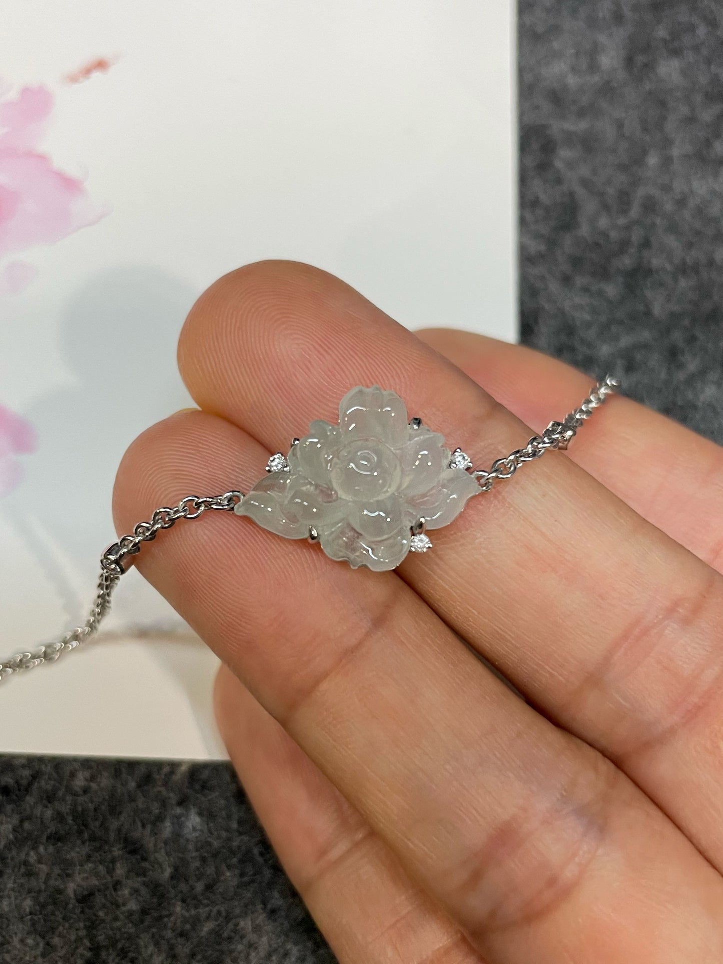 Icy White Jade Bracelet - Lotus Flower (NJBA181)