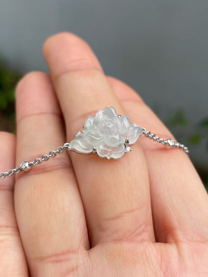 Icy White Jade Bracelet - Lotus Flower (NJBA181)