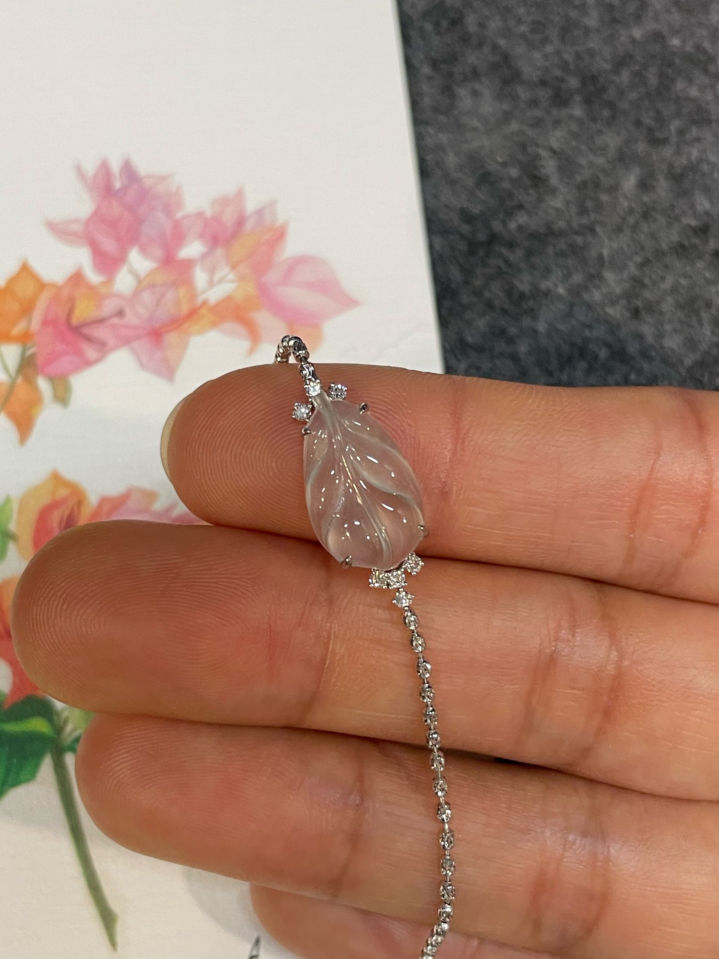 Glassy Jadeite Bracelet - Leaf Carving 叶子 (NJBA186)