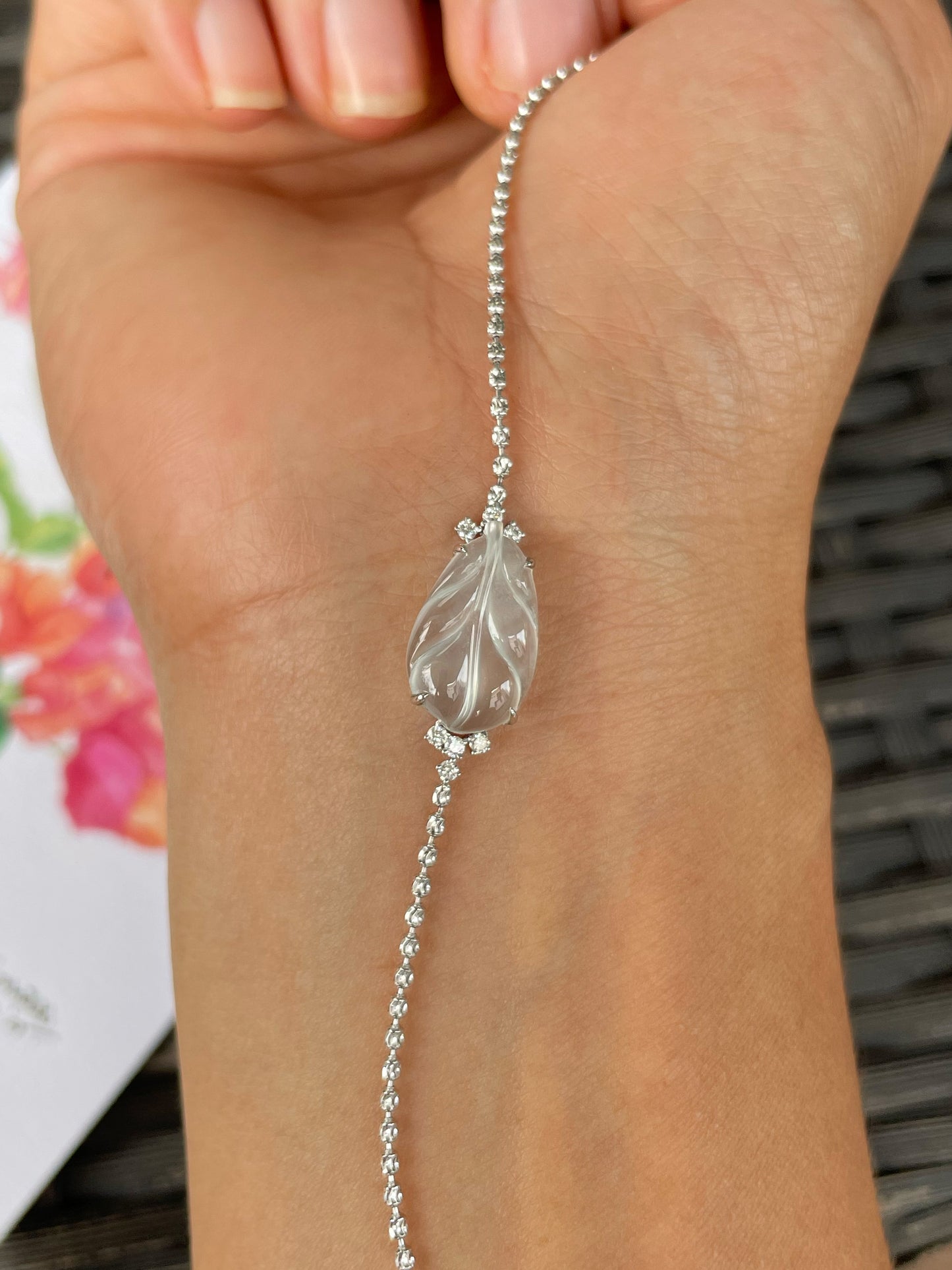 Glassy Jadeite Bracelet - Leaf Carving 叶子 (NJBA186)