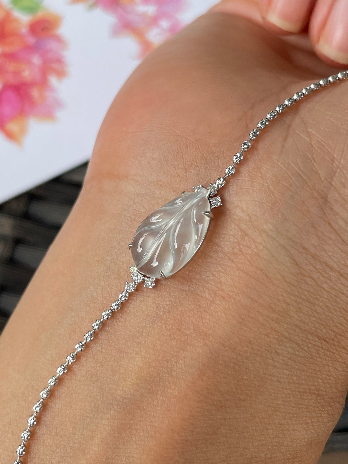 Glassy Jadeite Bracelet - Leaf Carving 叶子 (NJBA186)