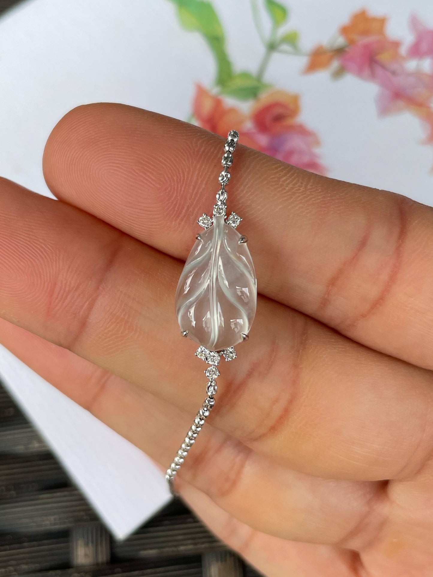 Glassy Jadeite Bracelet - Leaf Carving 叶子 (NJBA186)