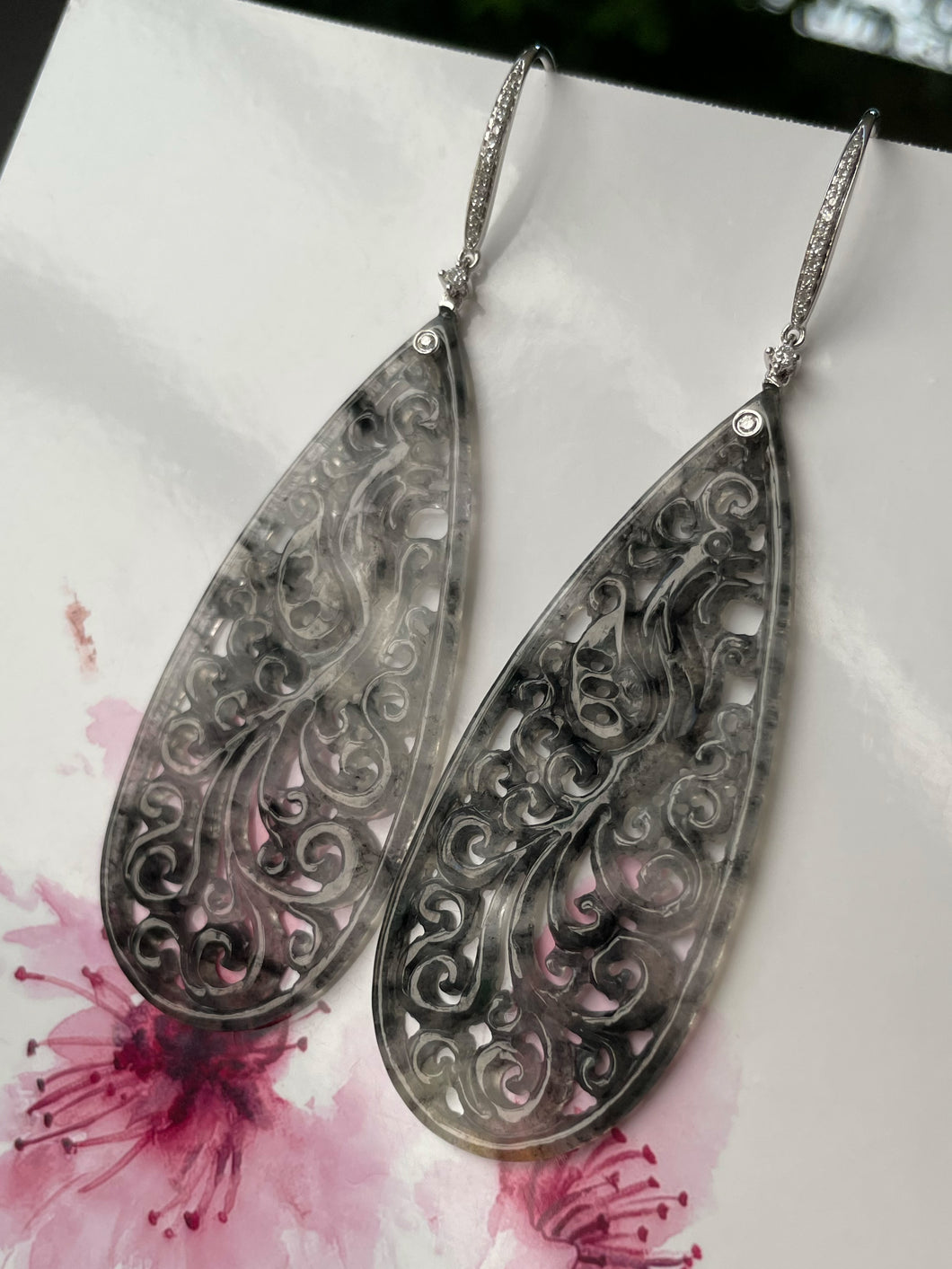 Icy Black Jadeite Carved Earrings (NJE156)