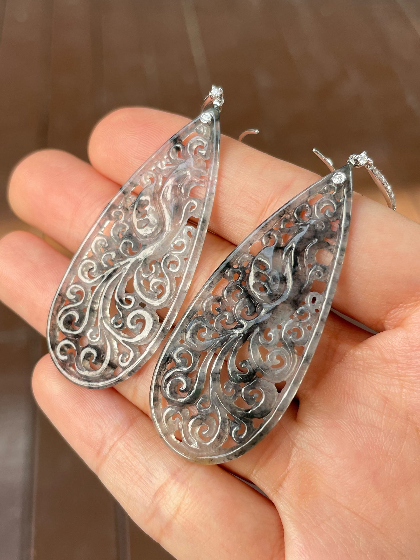 Icy Black Jadeite Carved Earrings (NJE156)