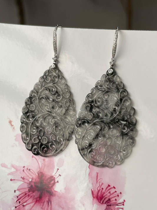 Icy Black Jadeite Carved Earrings (NJE160)